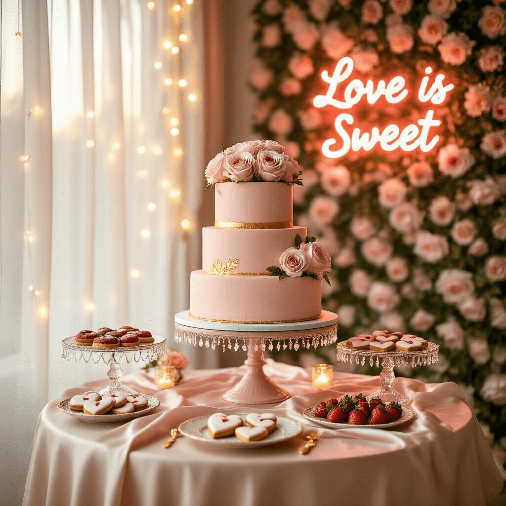 A dreamy dessert table features a tiered blush pink cake with roses and gold leaf, surrounded by crystal cake stands with heart-shaped cookies and chocolate-dipped strawberries, all illuminated by soft golden light and twinkling fairy lights. A 'Love is Sweet' neon sign is set against a flower wall backdrop.