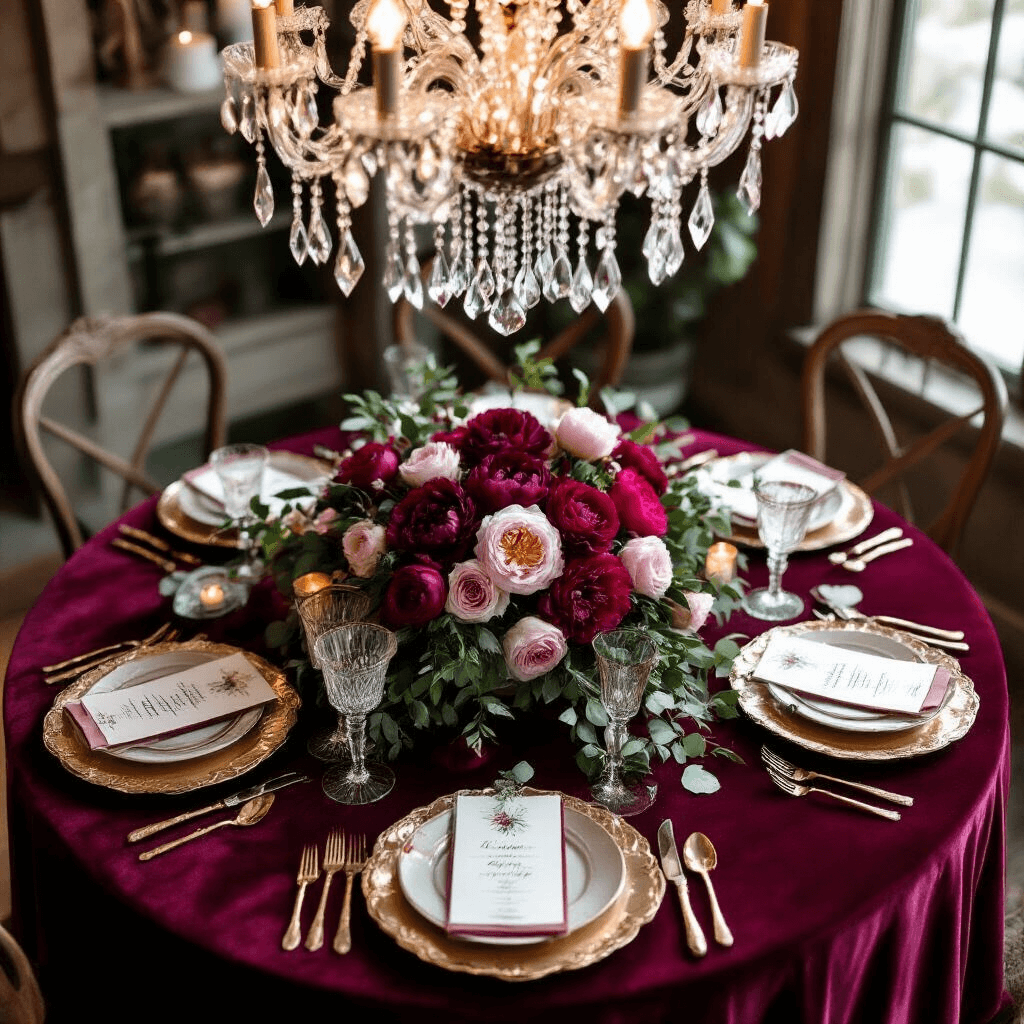 An intimate Valentine's birthday dining nook featuring a round table draped in deep red velvet, adorned with a lush centerpiece of burgundy peonies and blush roses, elegant gold charger plates, crystal stemware, and personalized calligraphy name cards, all illuminated by a chandelier's soft glow in a cozy, candlelit room.