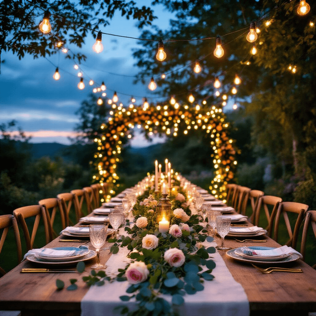 A whimsical outdoor garden party at twilight with criss-crossed Edison bulbs, a farmhouse table adorned with eucalyptus and garden roses, vintage brass candle holders, and mismatched pastel china, alongside a DIY photo booth featuring a floral arch and fairy lights against a deepening blue sky.