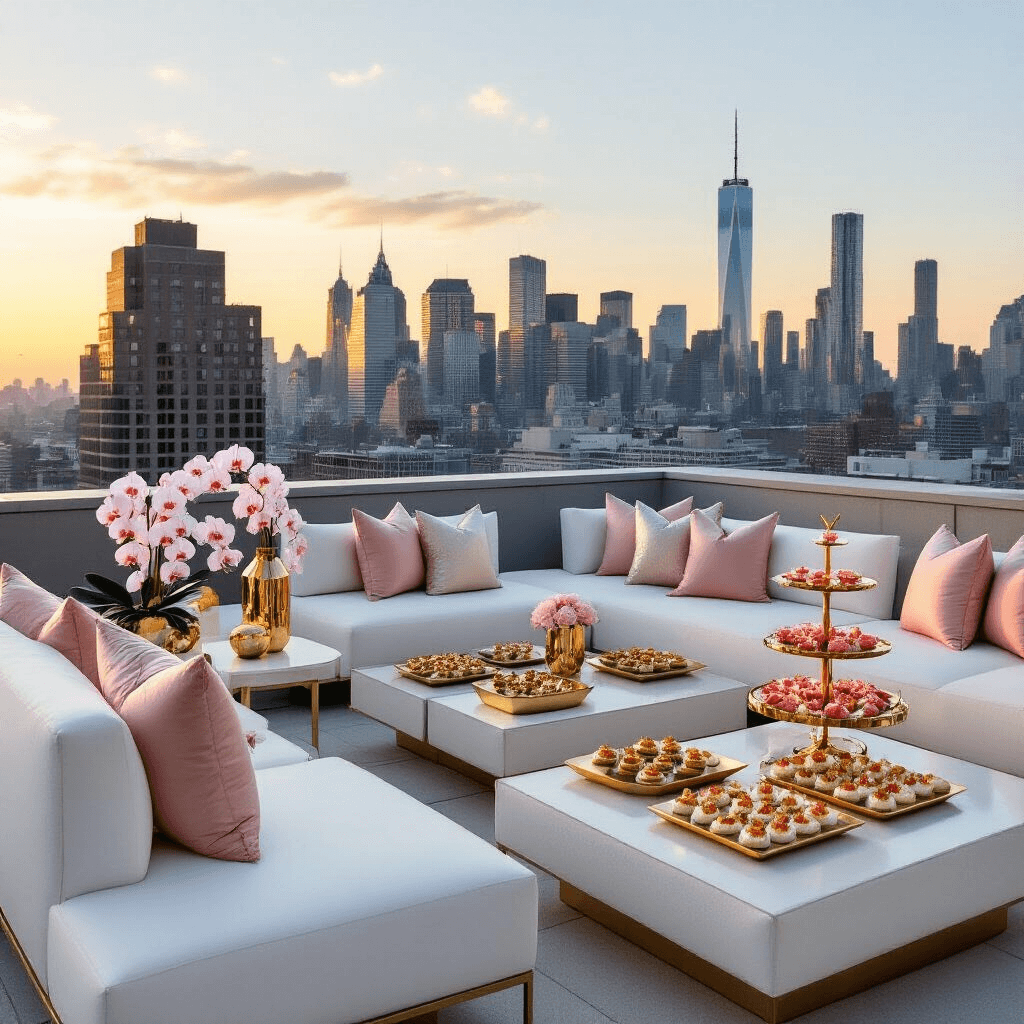 A modern rooftop terrace elegantly styled for a Valentine's birthday soirée, featuring sleek white lounge furniture, blush and gold throw pillows, geometric gold vases with pale pink orchids, a champagne tower, and trays of hors d'oeuvres, set against a stunning city skyline at sunset.
