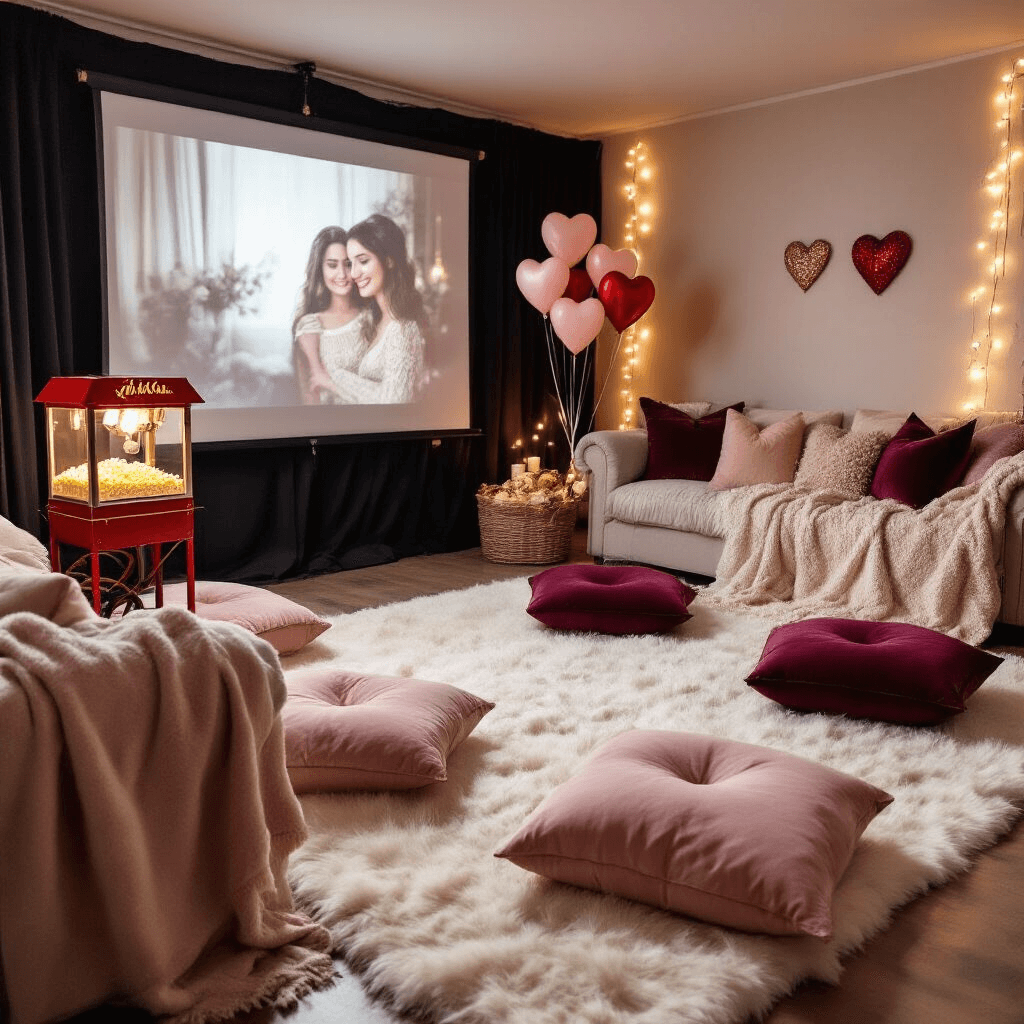 A cozy living room set up for a romantic movie night, featuring a plush white rug, oversized floor pillows, a classic romance film on a projector screen, a vintage popcorn machine, blanket-draped sofas, heart-shaped balloons, twinkling string lights, and a hot chocolate bar with gourmet toppings.