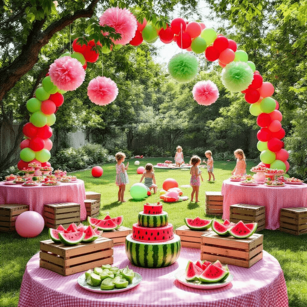 A bright and colorful backyard setting featuring red and green balloon arches over a picnic area with pink gingham tablecloths, wooden crates filled with watermelon slices, hanging tissue paper pom-poms, a dessert table with a watermelon-shaped cake, and children playing among watermelon-shaped piñatas and oversized beach balls.