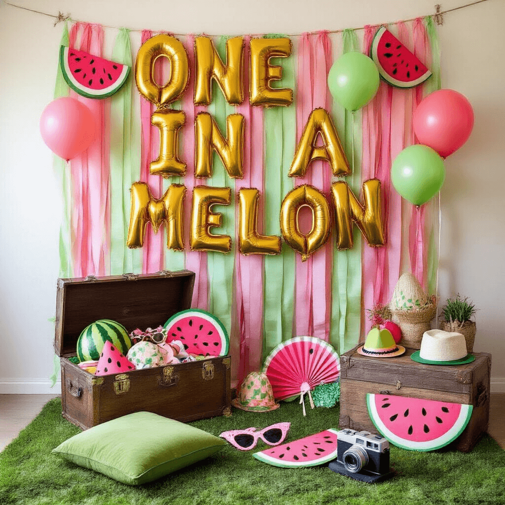 An overhead view of a whimsical fruit-themed photo booth featuring pink and green streamer backdrops, oversized paper watermelon slices, and gold foil letter balloons saying 'ONE IN A MELON'. A vintage trunk filled with fun props, plush green floor cushions, and a Polaroid camera on a rustic table are also visible.