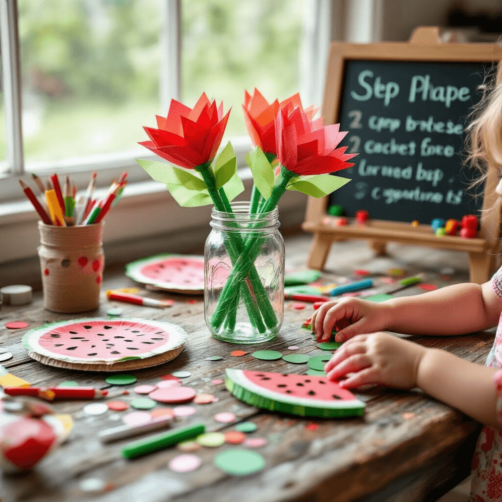 A child's hands working on a watermelon-themed craft station with a weathered wood table scattered with red, pink, and green supplies, including paper plate watermelon fans, sparkly seed stickers, and vibrant markers. A mason jar with green pipe cleaners and tissue paper blooms sits in the center, while a chalkboard easel with playful instructions is visible nearby, illuminated by soft natural light.