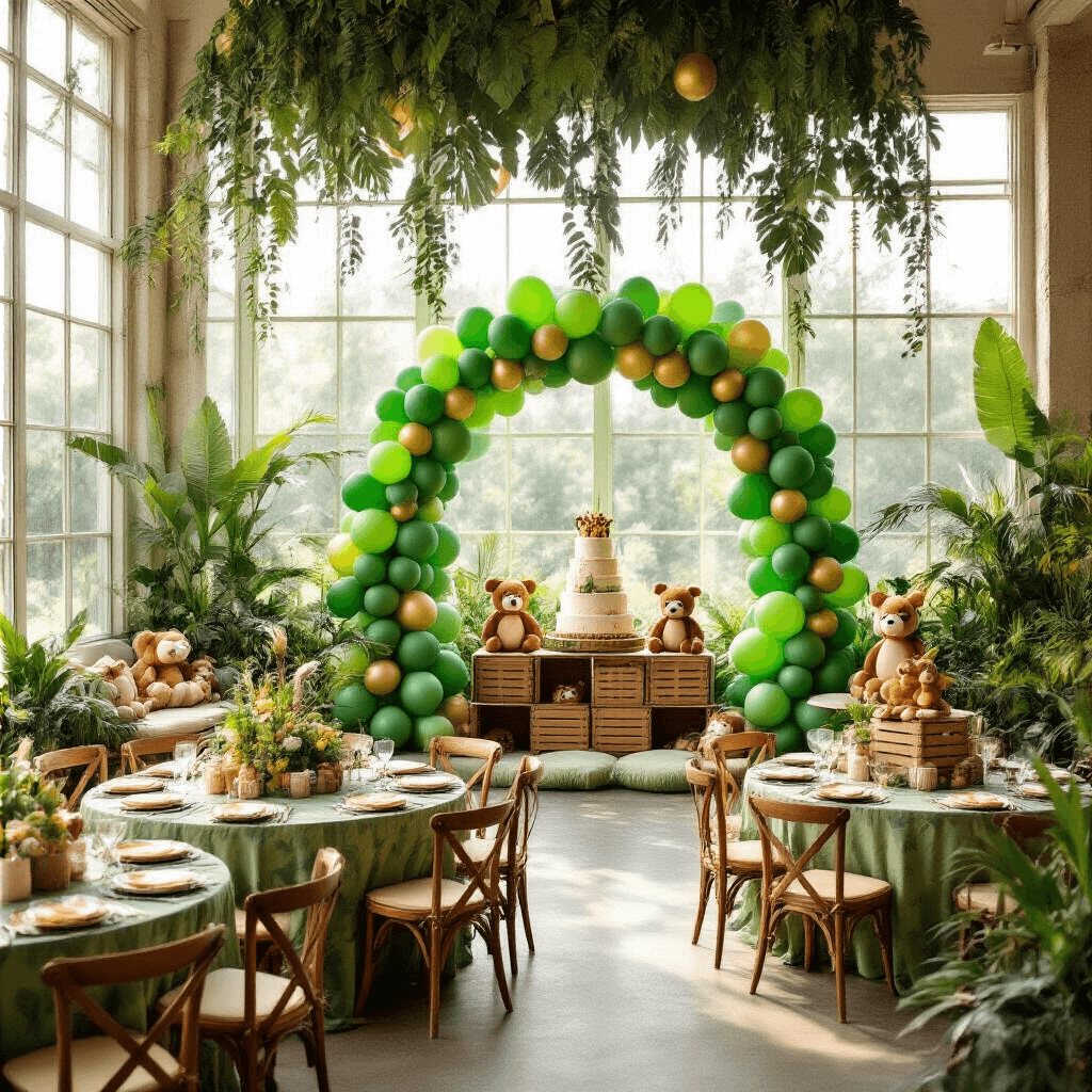 A whimsical jungle-themed birthday ballroom decorated with green balloons, tropical foliage, animal print table linens, a balloon arch, and a cozy reading nook, all bathed in soft morning light.