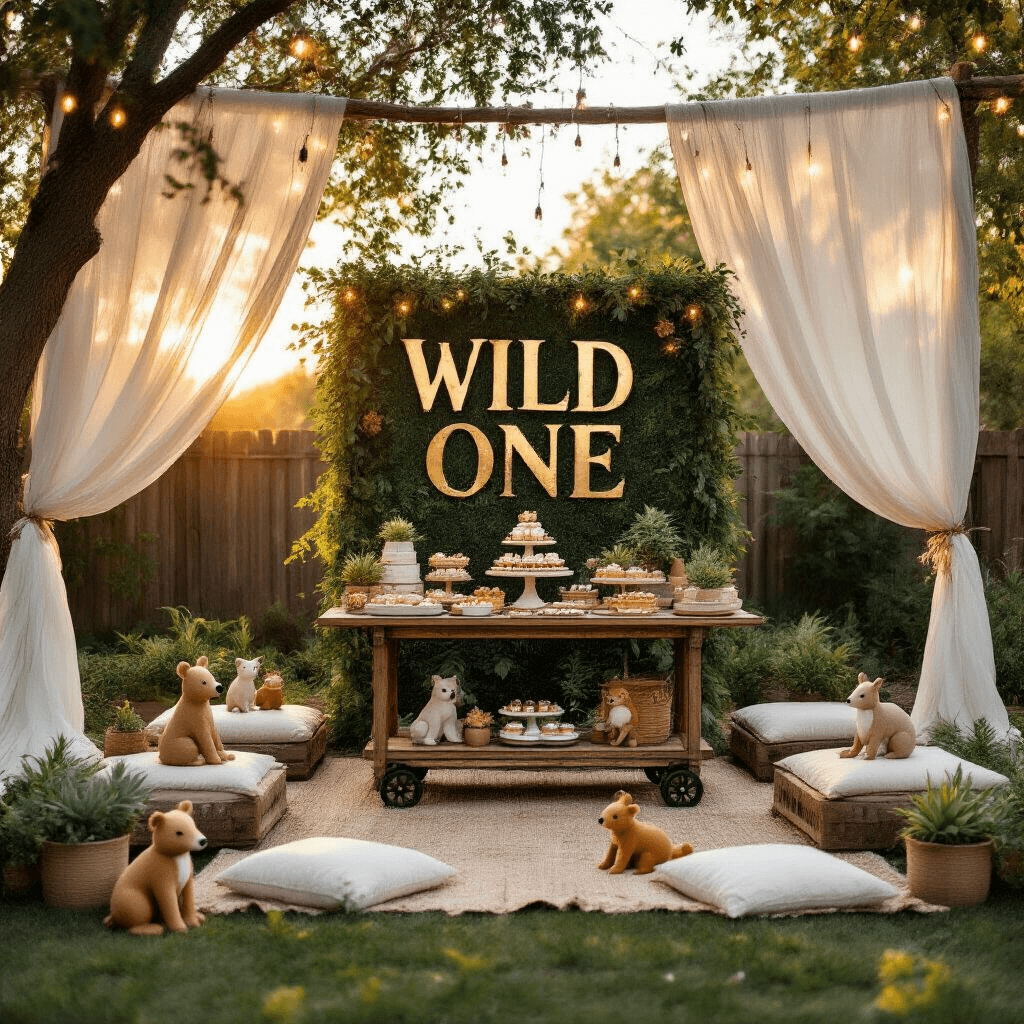 An enchanting backyard setup for a golden hour Wild One celebration, featuring a rustic dessert cart with animal-themed treats, cozy seating areas with floor cushions, potted succulents, sheer ivory drapery, twinkling fairy lights, and a lush 'Wild One' backdrop in golden letters.