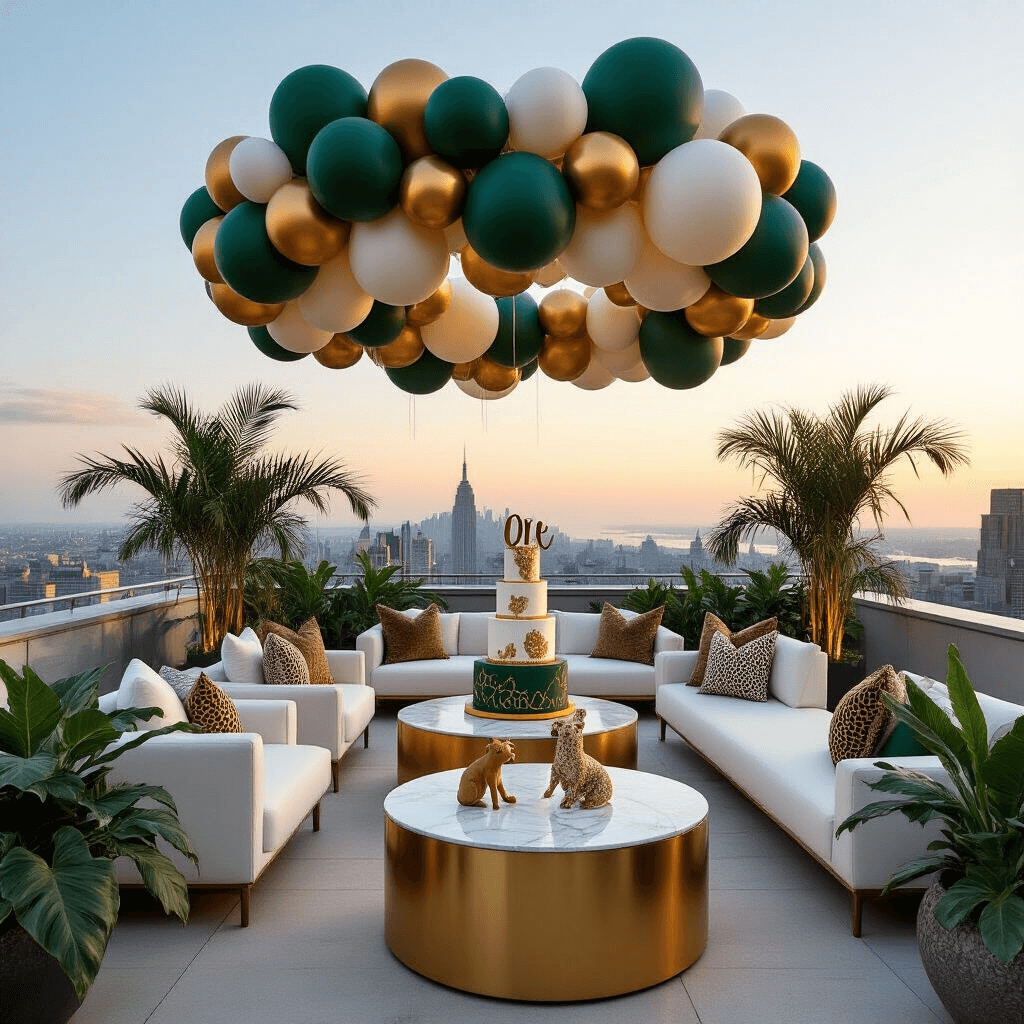 A chic rooftop terrace transformed for a Wild One soirée, featuring white lounge furniture, an elegant balloon installation in forest green and gold, marble cocktail tables, tropical plants, and a geometric cake table with a golden 'one' topper against a backdrop of twinkling city lights at dusk.