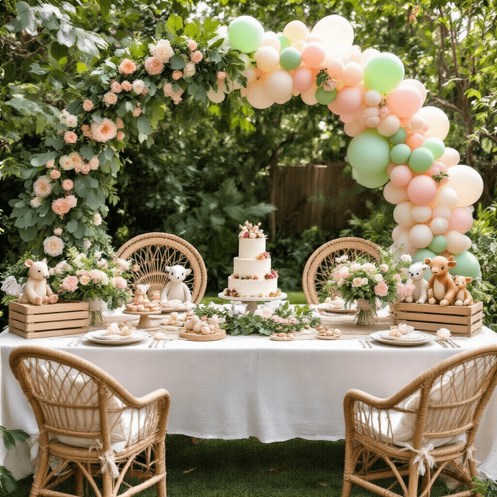 An overhead view of a sun-drenched garden brunch for a Wild One birthday, featuring long farmhouse tables with white linens and burlap runners, rattan peacock chairs adorned with floral wreaths, a pastel balloon arch, and a dessert spread with a naked cake, surrounded by plush safari animal decorations and lush greenery.