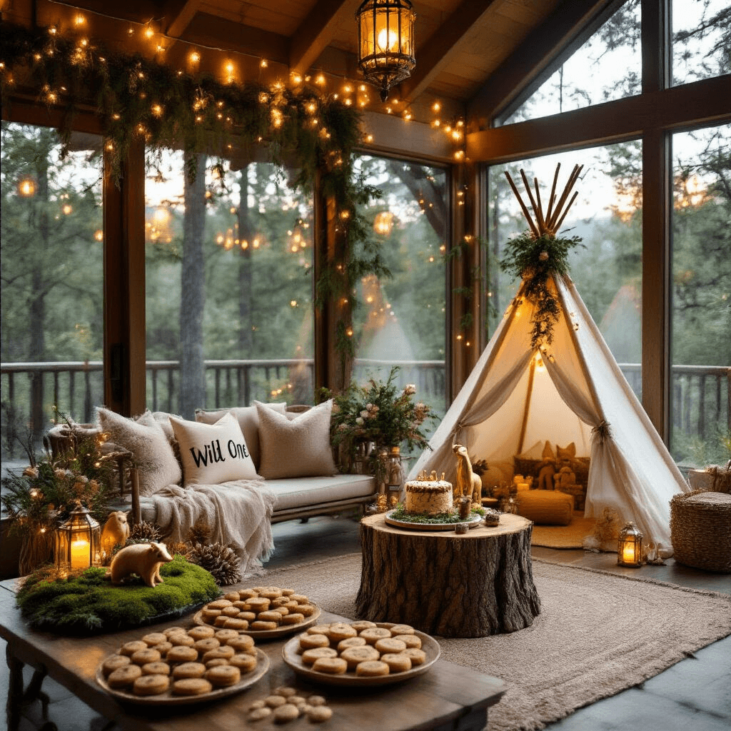 An enchanted indoor-outdoor living room adorned with fairy lights and lanterns, featuring a whimsical 'Wild One' photo booth tepee, woodland-themed centerpieces, and a rustic dessert station with a tree trunk cake and themed cookies, all in a warm, cozy setting.