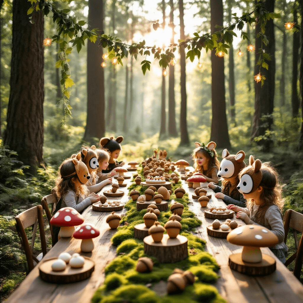 A whimsical woodland birthday party in a sunlit forest clearing, featuring a rustic wooden table with moss runners, plush woodland toys, mushroom-shaped cookies, and acorn cake pops, as children in animal masks play among twinkling fairy lights and paper mushroom decorations.