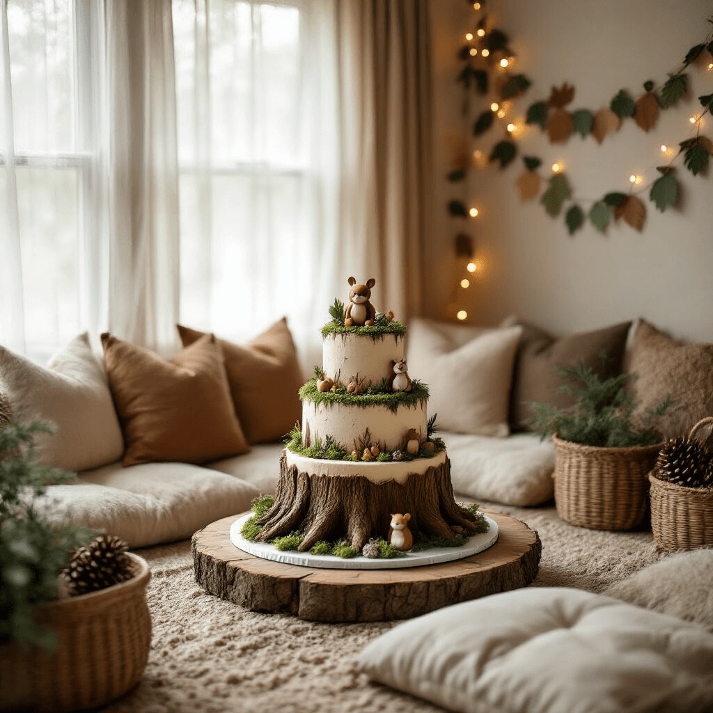 Close-up of a tiered birthday cake resembling a tree stump, adorned with edible moss and small woodland creatures, set on a low table surrounded by plush floor cushions in a cozy, woodland-themed living room.