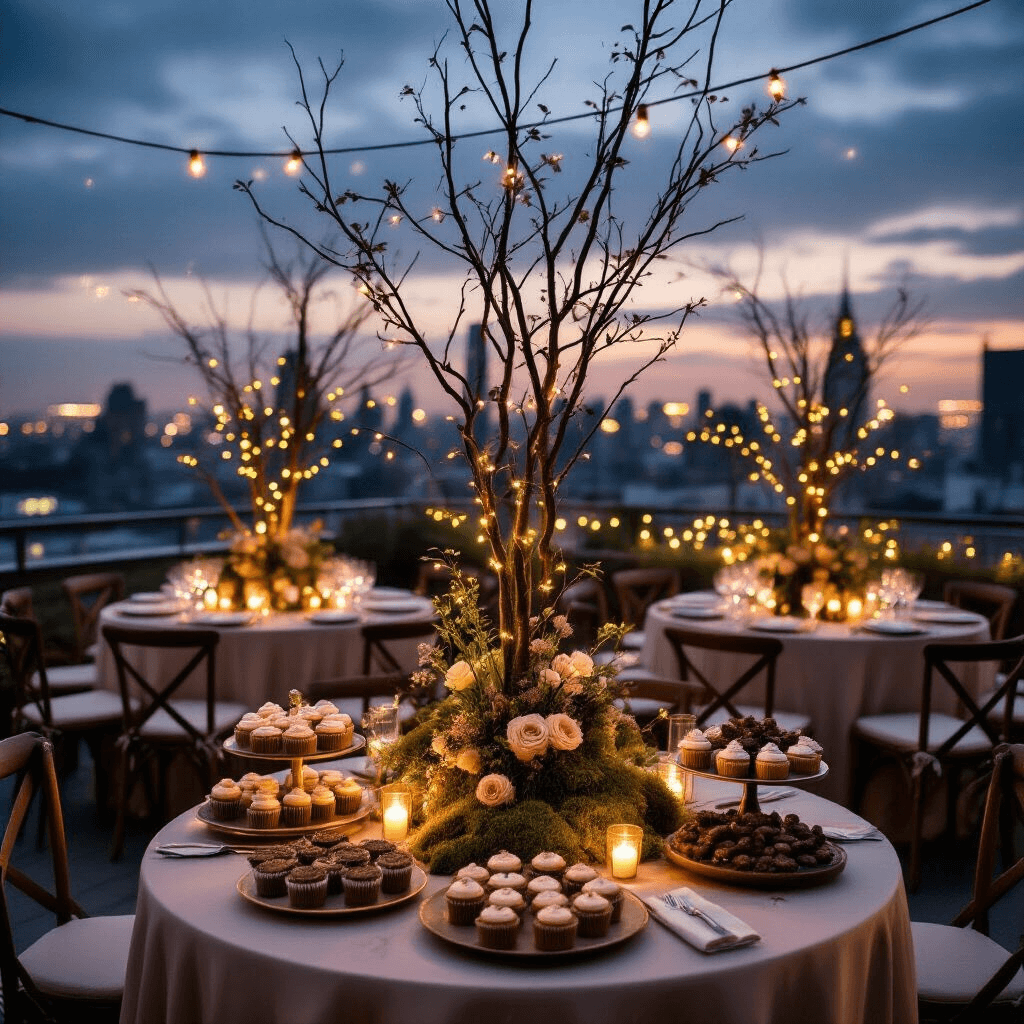 A luxurious rooftop terrace birthday soirée at dusk, featuring round tables with silk linens, tall branch centerpieces adorned with moss and muted forest flowers, and a dessert cart filled with themed treats, surrounded by twinkling fairy lights and city skyline in the background.