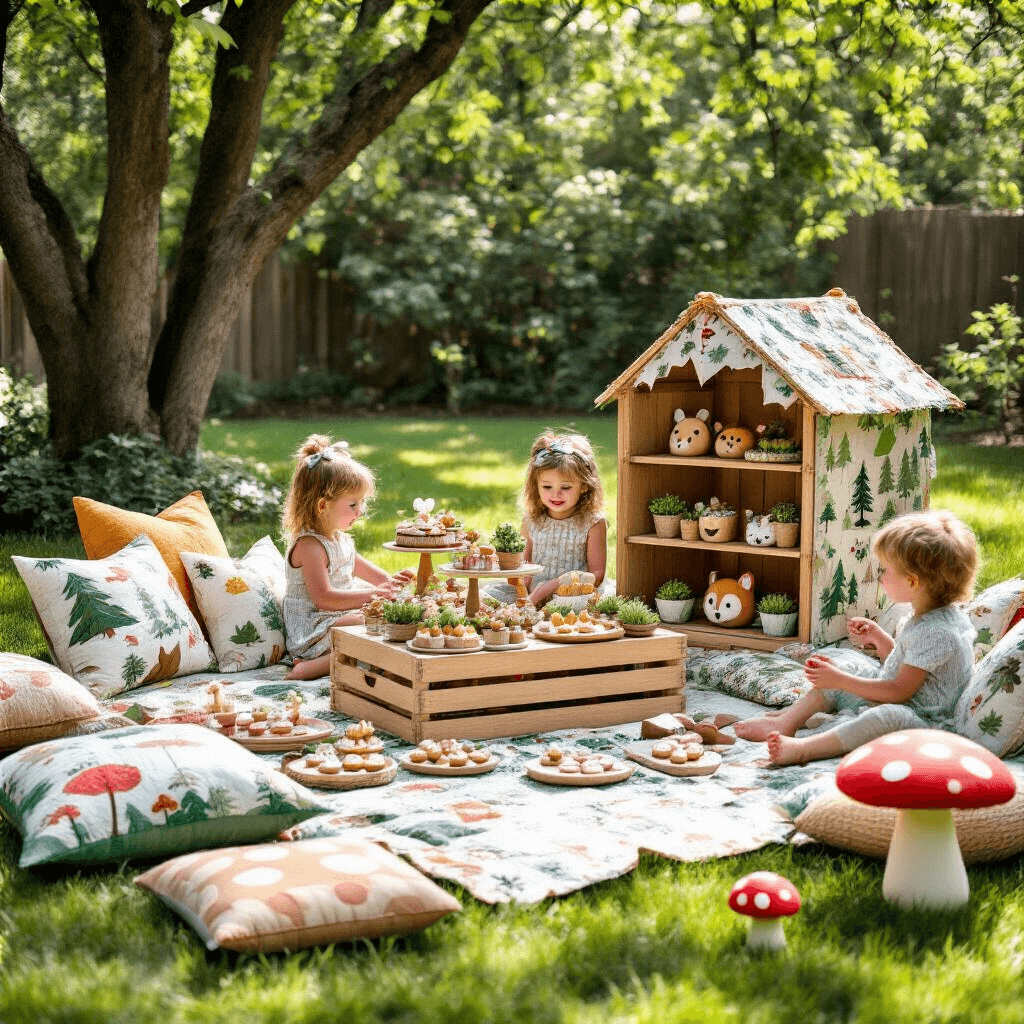 A vibrant backyard birthday picnic featuring playful woodland themes with quilts, cushions, a dessert display in a wooden crate styled as a treehouse, oversized paper flowers, mushroom cutouts, and a DIY mask-making station for children.