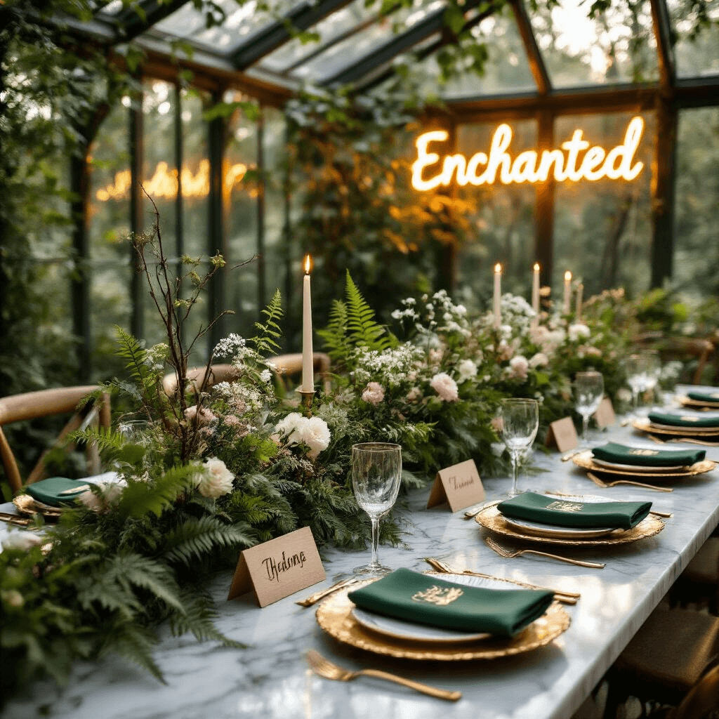 An elegant birthday dinner in a glass conservatory, featuring marble-topped tables with gold-rimmed plates, forest green napkins, and personalized wooden name cards. Tall centerpieces of branches, ferns, and wildflowers are illuminated by soft evening light filtering through leaves, with sheer drapery and a neon 'Enchanted' sign in the background.