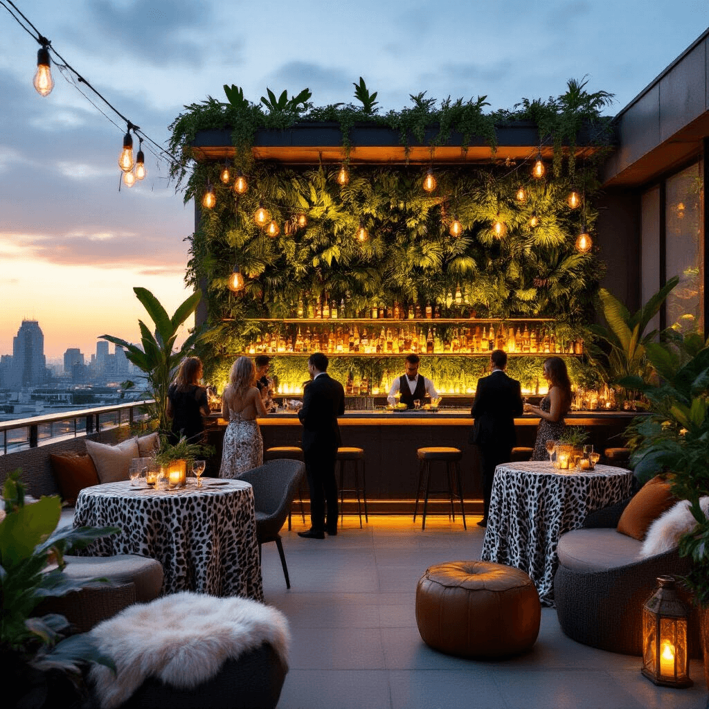 Unleash the Wild: Your Ultimate Guide to a Spectacular Zoo Birthday Party A sophisticated zoo-themed rooftop soirée at sunset, featuring guests mingling around high cocktail tables with luxe animal print linens, a central bar with a living wall of tropical plants, bartenders serving jungle juice in coconut shells, modern lounge areas with faux fur throws and leather poufs, and glowing lanterns and Edison bulbs against a city skyline.