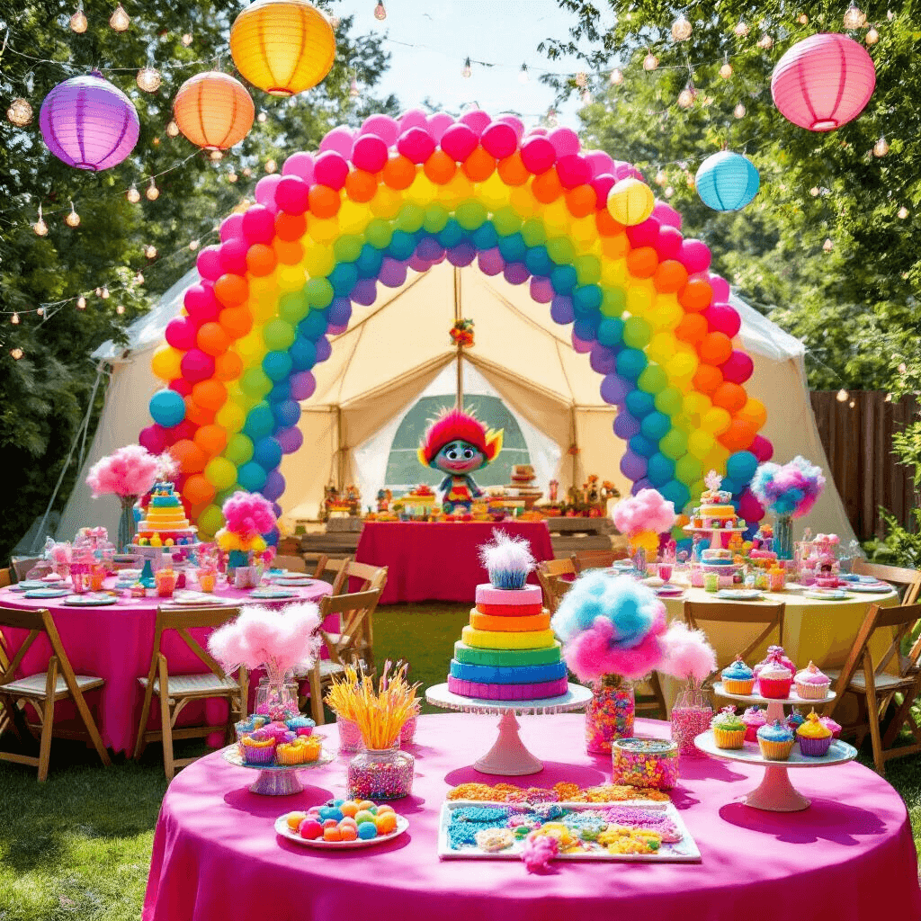 A whimsical Trolls-themed birthday party in a sunlit backyard featuring a rainbow balloon arch, cozy party tent with hot pink tables and neon tissue flower centerpieces, a dessert table with a rainbow cake and cotton candy displays, and a craft station with glitter and beads for making Trolls-inspired bracelets.
