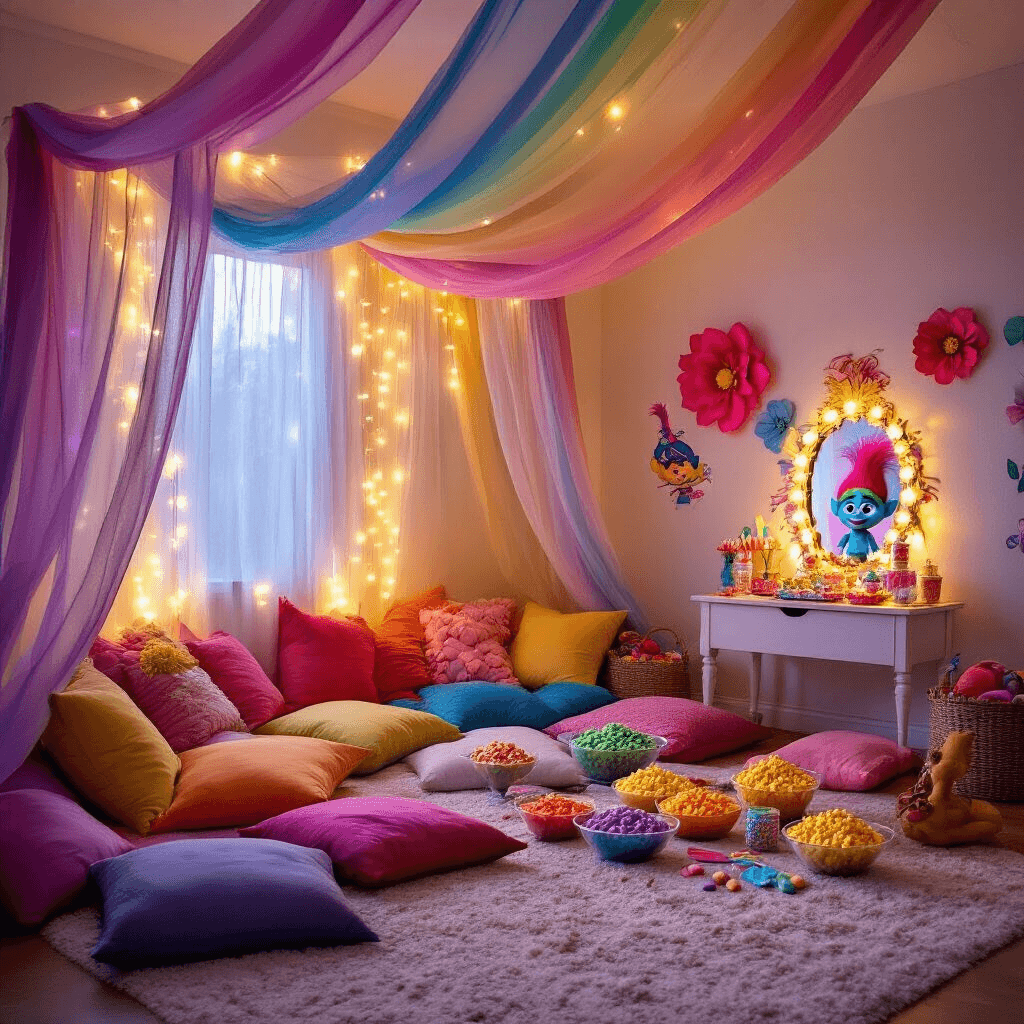 A cozy living room transformed for a Trolls movie night, featuring a rainbow fabric fort, plush floor pillows, string lights, a low table with rainbow popcorn and a Trolls-themed cake, oversized paper flowers, character cutouts, and a 'Crazy Hair Station' with colorful wigs and accessories.