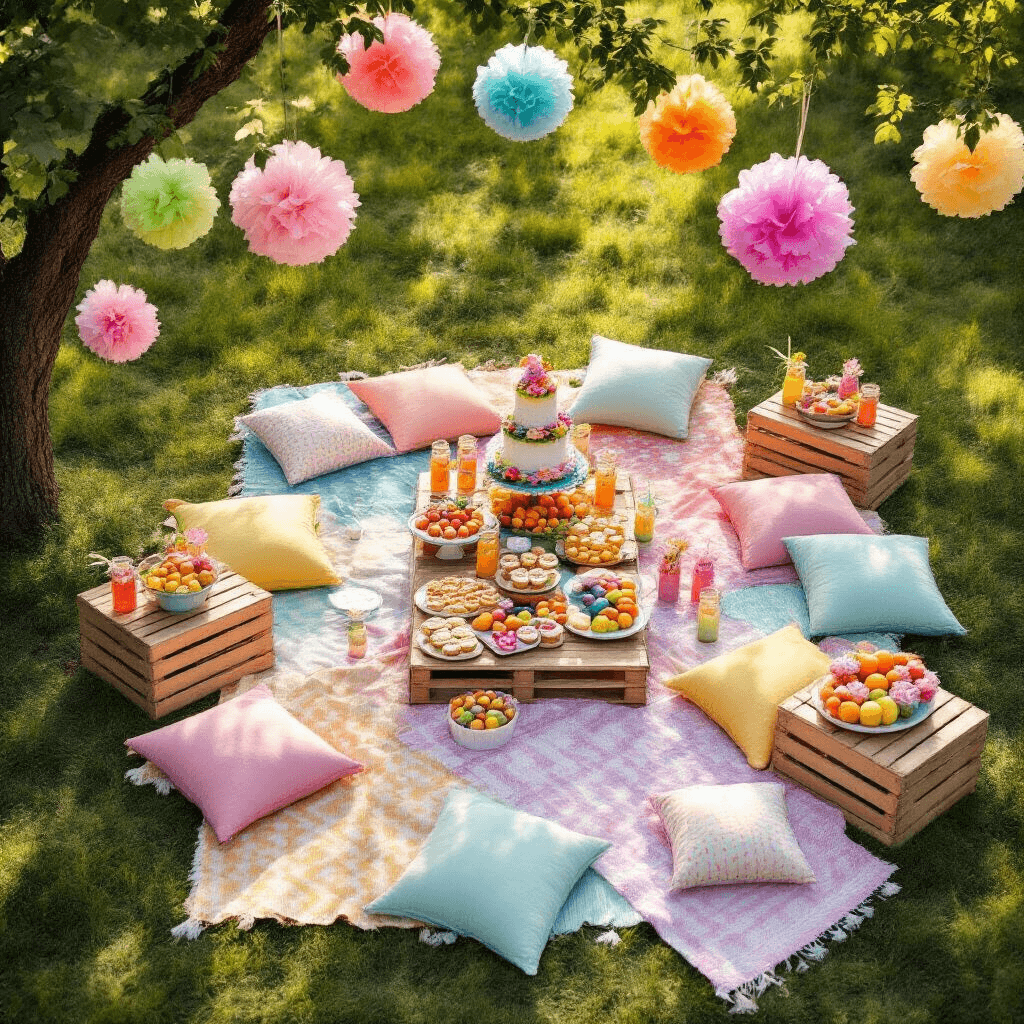 An overhead view of a vibrant Trolls-inspired picnic party during golden hour, featuring colorful picnic blankets, low tables, and cozy seating areas surrounded by flower crowns and pastel throw pillows. A central buffet table displays rainbow fruits, themed sandwiches, and cupcakes, while trees are adorned with tissue paper pom-poms and character piñatas.