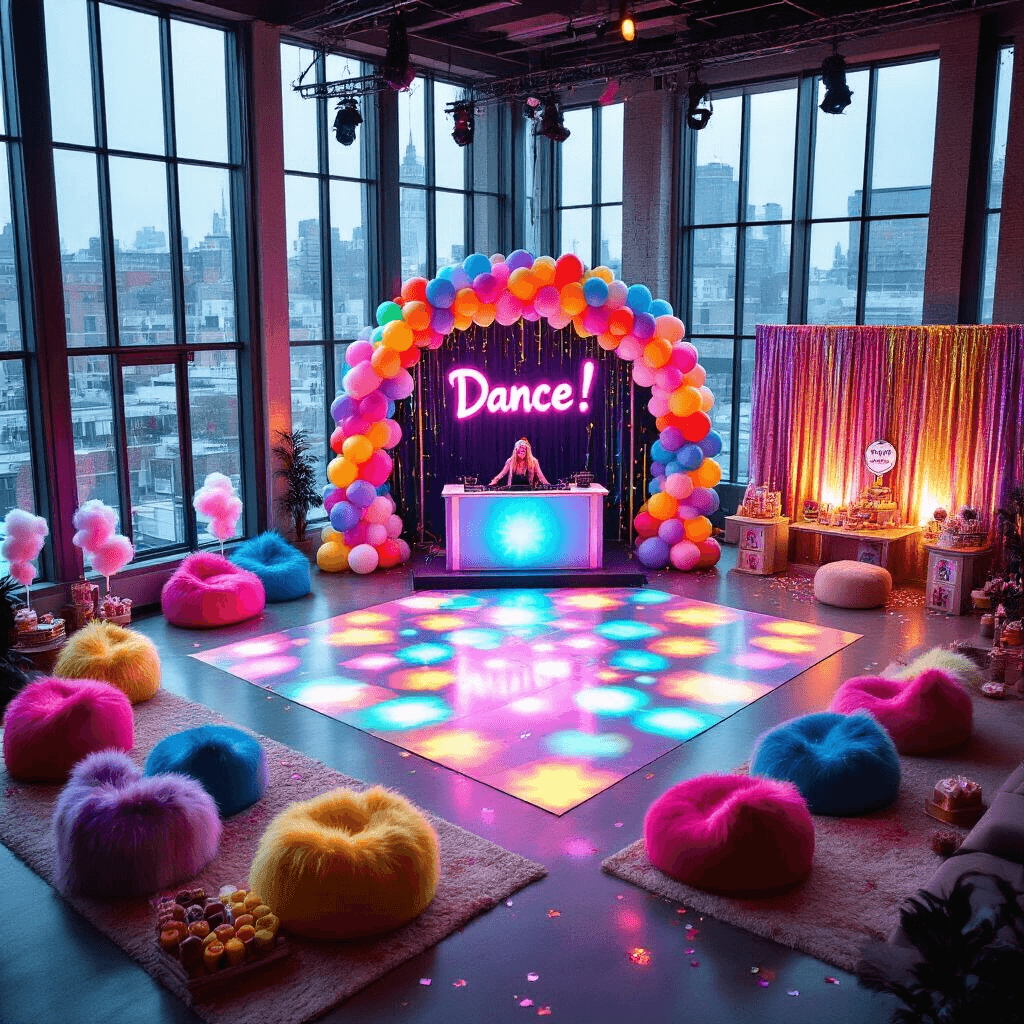 An aerial view of a vibrant Trolls-themed dance party in a modern loft, featuring a DJ booth with a neon 'Dance!' sign, a colorful dance floor, chill-out zones with bright furniture, a glittery photo booth, and dessert stations with cotton candy and a chocolate fountain.