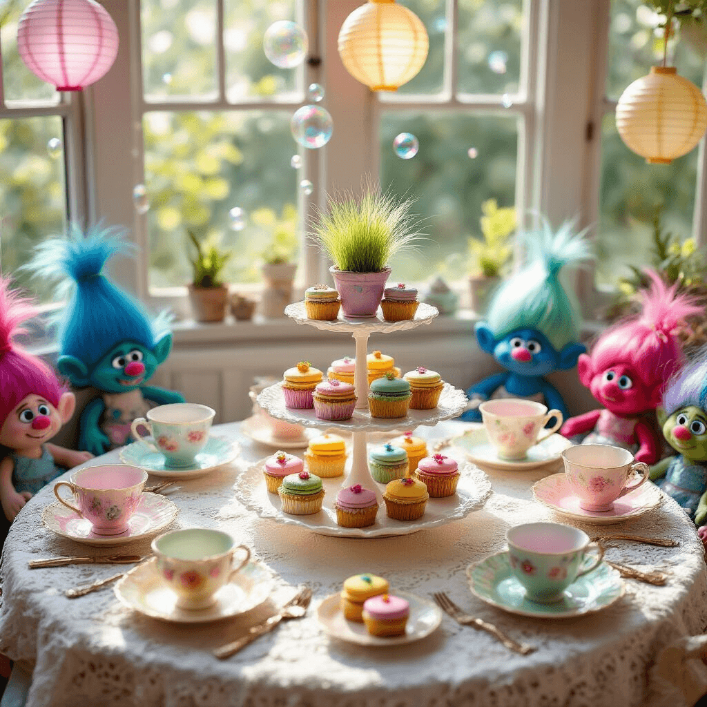 A whimsical Trolls tea party in a sunroom illuminated by morning light, featuring a lace-covered table with mismatched pastel teacups, tiny flower pots with colorful 'hair', a tiered cake stand of rainbow macarons and cupcakes, and flower-shaped finger sandwiches, all surrounded by stuffed Trolls and decorated with paper lanterns and bubbles.