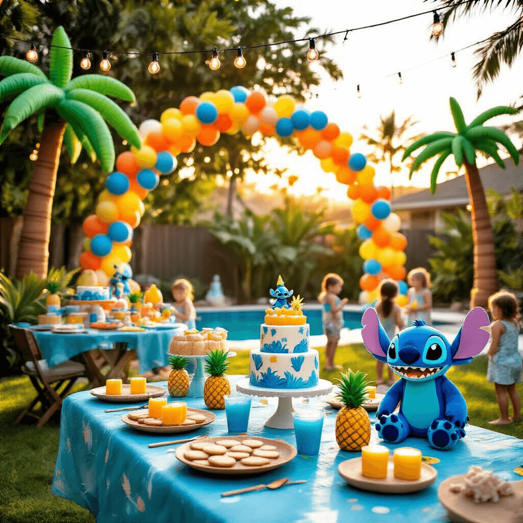A lively Hawaiian-themed birthday party for Stitch, set in a lush backyard at golden hour. The scene features a colorful balloon arch, decorated tables with ocean blue linens, pineapple centerpieces, and Stitch plushies, with strings of fairy lights overhead. A dessert table displays a tiered Stitch cake, blue punch, and coconut cookies, while children enjoy a 'Punch-a-Pineapple' game in the background.