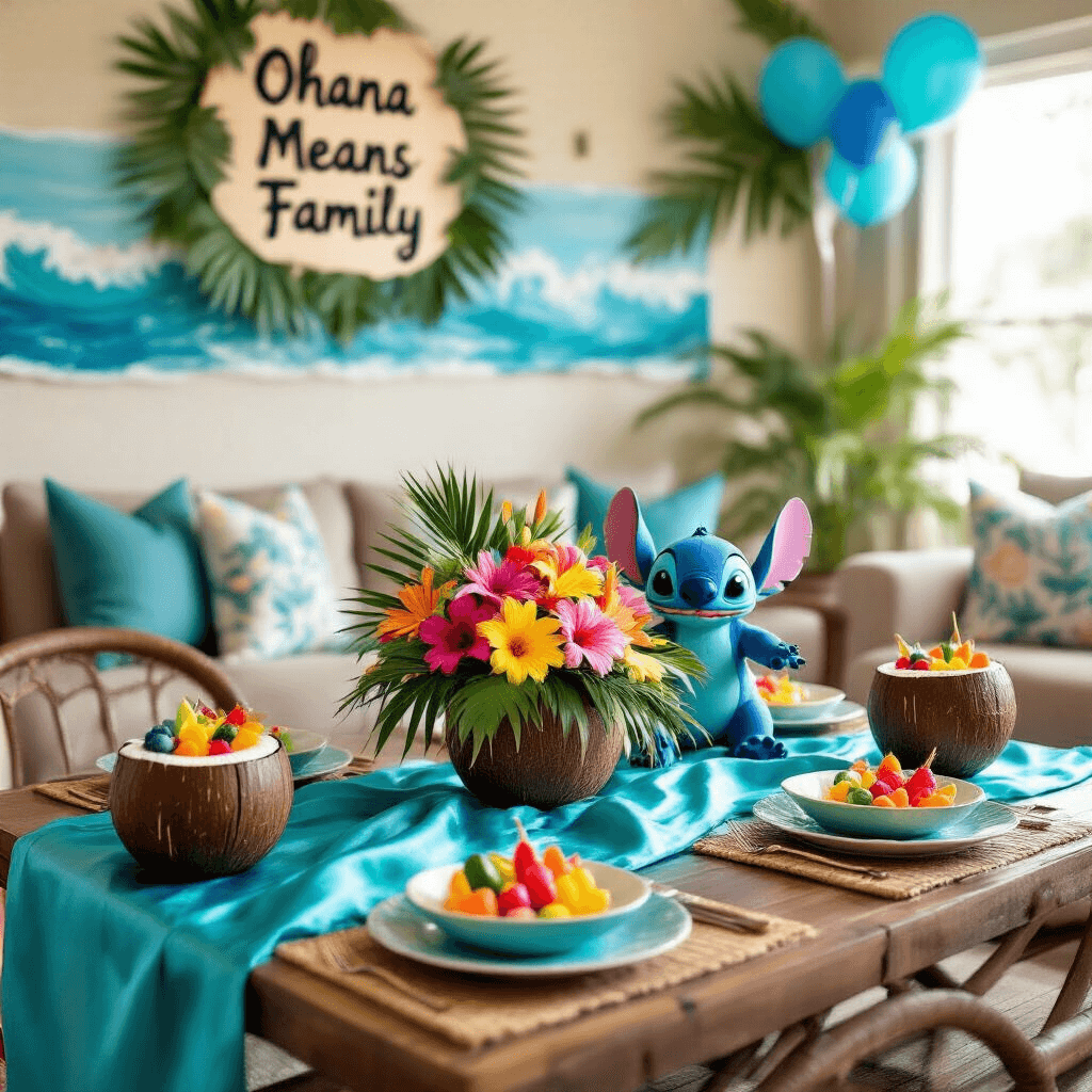 An intimate Stitch-themed birthday celebration in a cozy living room, featuring a turquoise silk-draped coffee table with a centerpiece of tropical flowers and a Stitch figurine, surrounded by personalized coconut cups filled with fruit skewers, and a handmade 'Ohana Means Family' sign overhead, framed by paper palm leaves and blue balloons, with ocean wave decorations in the background.
