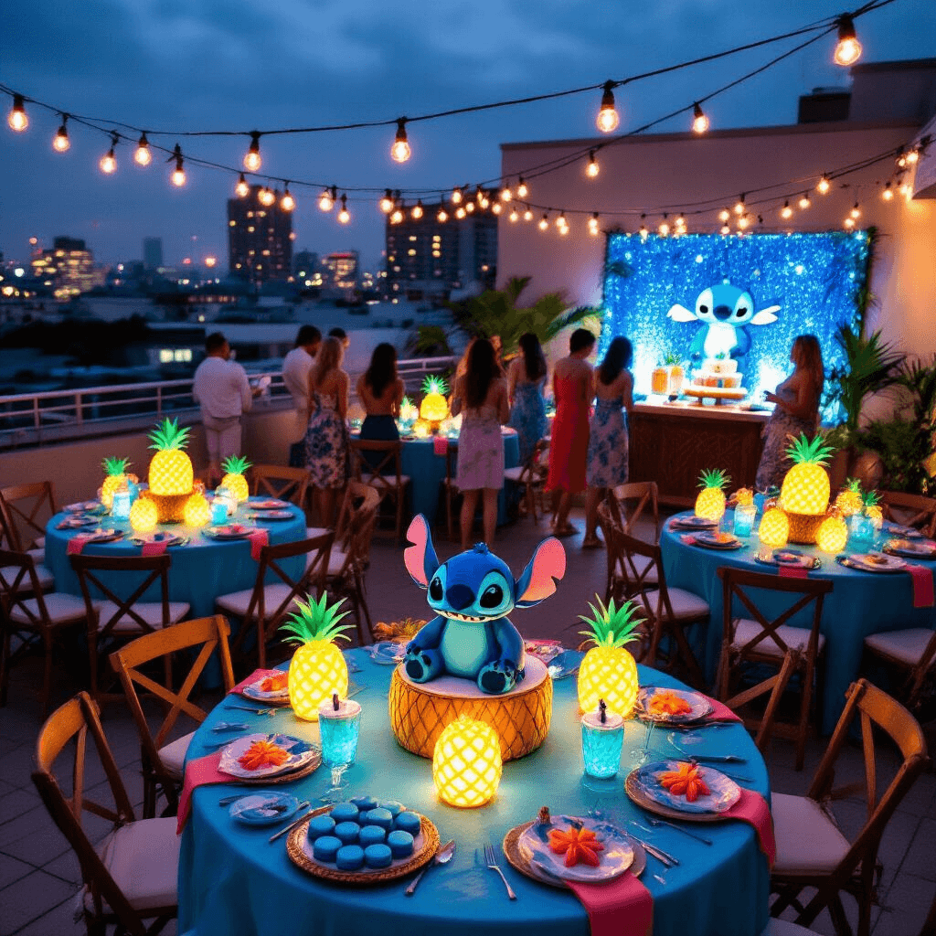 A vibrant rooftop terrace transformed into a magical Stitch birthday party, featuring ocean blue and coral themed tables, LED-lit pineapples as centerpieces, a sequined photo backdrop with tropical props, a sculpted Stitch cake, and a tiki bar serving blue punch, all under string lights against a city skyline.
