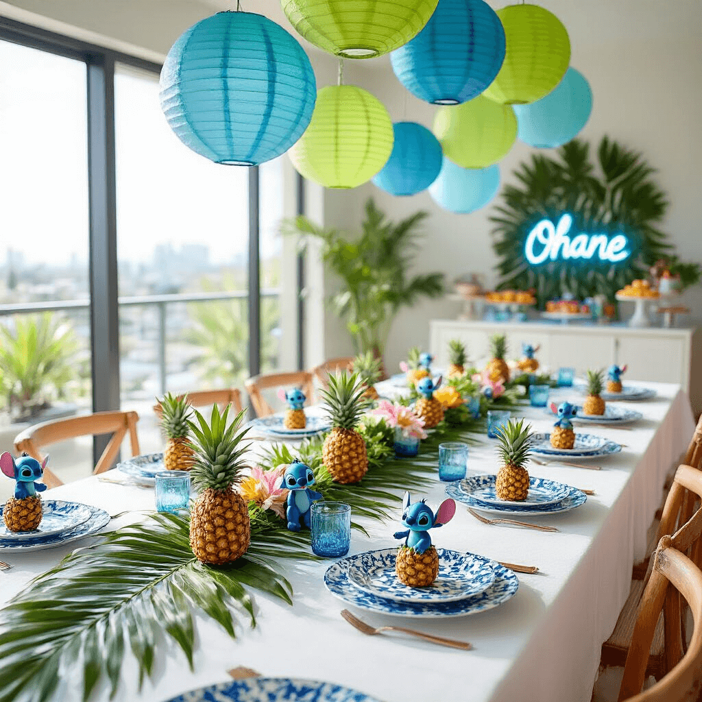 A bright and whimsical Stitch-themed birthday brunch in a modern apartment, featuring a long table with a white tablecloth, palm leaf runner, blue and white patterned plates adorned with mini pineapples, and a lush centerpiece of tropical flowers and Stitch figurines. Above, blue and green paper lanterns hang, creating a cozy ambiance, while a mimosa bar with a glowing neon 'Ohana' sign is seen in the background.