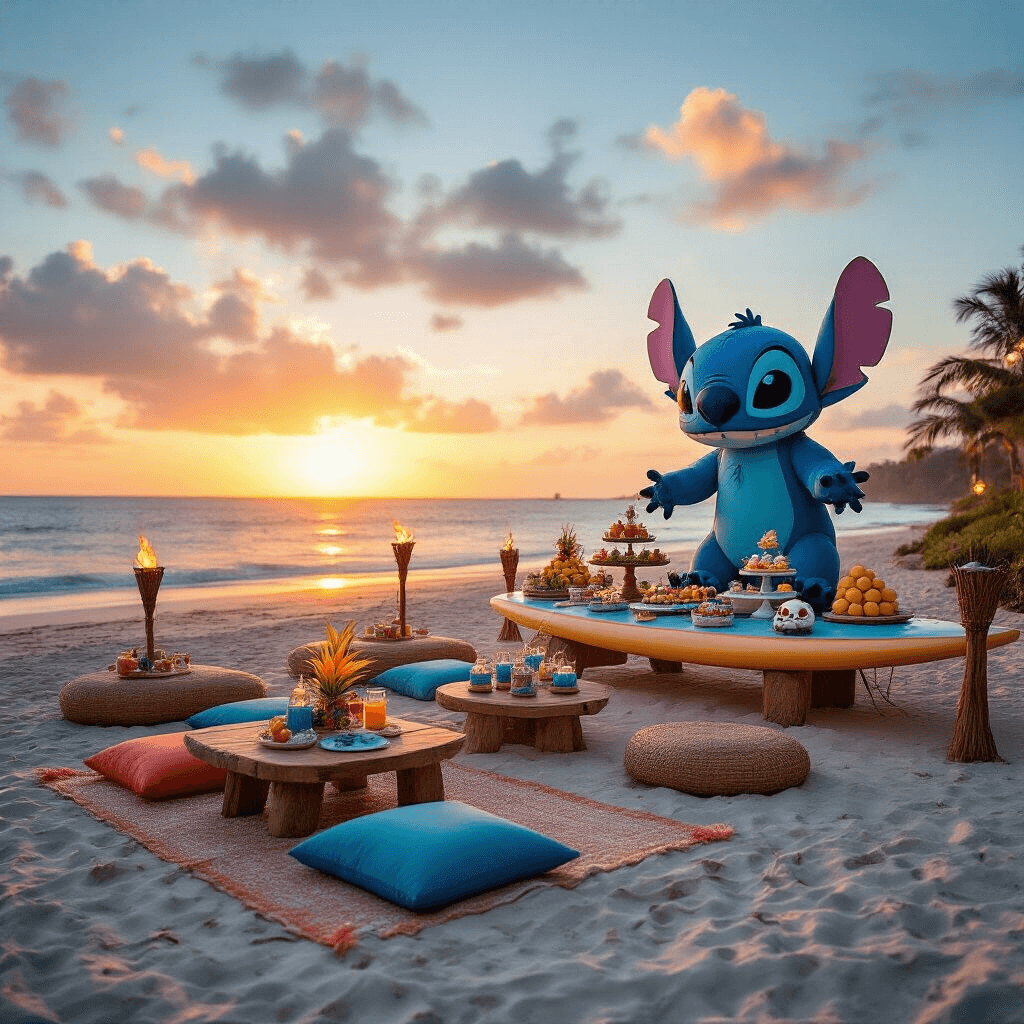 An elaborate Stitch-themed birthday celebration on the beach at sunset, featuring low tables with blue and coral cushions, centerpiece decorations of driftwood, sea glass, and Stitch plushies, illuminated by tiki torches and lanterns. A grand surfboard-shaped dessert station displays tropical fruit tarts, blue ombre cupcakes, and coconut macaroons, alongside a giant Stitch balloon sculpture silhouetted against a golden sky and ocean waves.