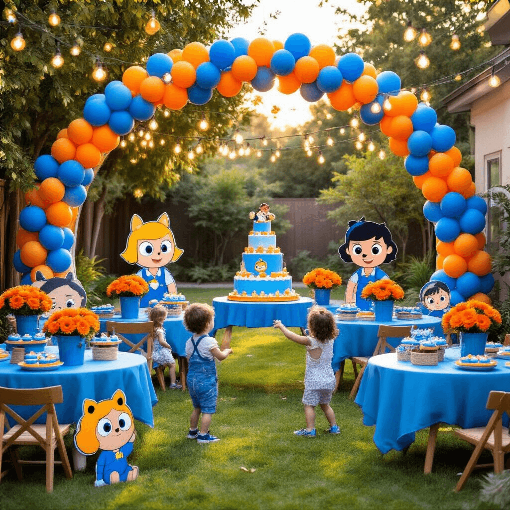A vibrant Bluey-themed backyard party with a blue and orange balloon arch, character cutouts, round tables with blue tablecloths and orange gerbera centerpieces, a dessert table featuring a three-tiered Bluey cake and cupcakes, and children in Bluey outfits playing keepy-uppy with soft balloons under fairy lights.