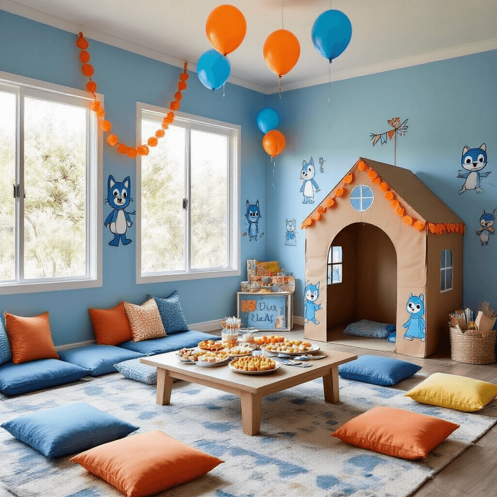 An indoor playroom decorated for a Bluey birthday party, featuring soft blue walls with hand-drawn murals, a low table with colorful cushions and Australian snacks, a life-sized cardboard Bluey house photo booth, and children playing a 'Magic Xylophone' freeze dance game under helium balloons.