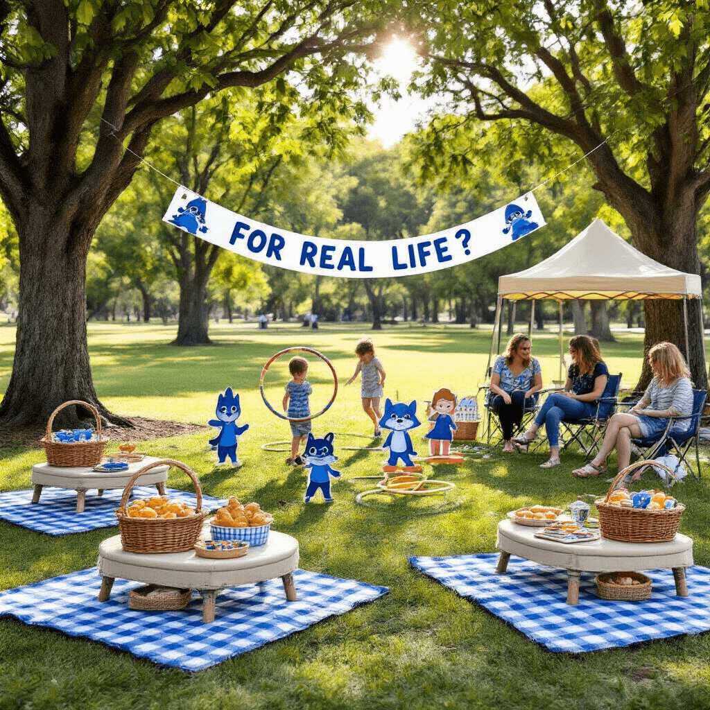 A vibrant park scene featuring a Bluey-themed picnic with checkered blue blankets, low tables, and wicker baskets of Australian treats. A playful banner hangs between trees, and children enjoy an obstacle course with hula hoops and character cutouts. A face painting station offers Bluey designs under a tent, while parents relax nearby, supervising a scavenger hunt.