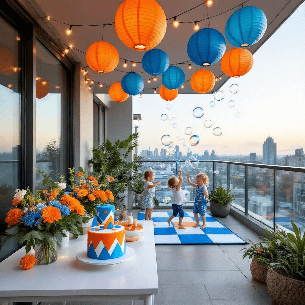 A chic modern apartment balcony decorated for a Bluey celebration, featuring string lights and paper lanterns in blue and orange. A sleek white table holds a geometric Bluey-themed cake with native Australian flower arrangements. Floor-to-ceiling windows reflect the city skyline, while toddlers laugh and dance on a portable dance floor, following Bluey’s moves displayed on a tablet. A bubble machine fills the air with shimmering bubbles in the late afternoon light.