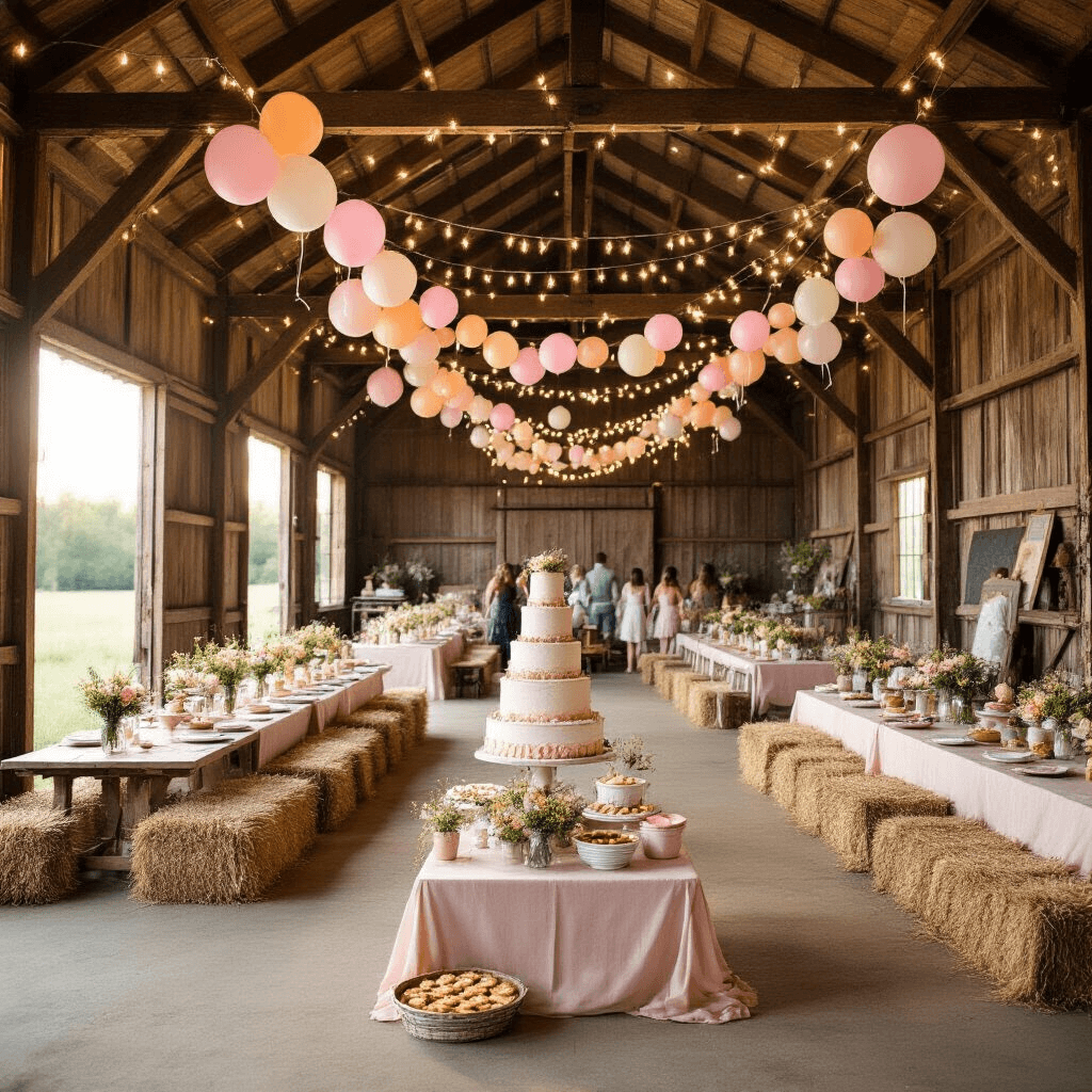 A rustic barn interior transformed for a whimsical birthday celebration, featuring wooden beams with fairy lights, long tables set with blush linens and wildflower centerpieces, a dessert cart with cakes and pies, and guests enjoying hay bale seating in soft golden hour light, with DIY signage and a photo backdrop.