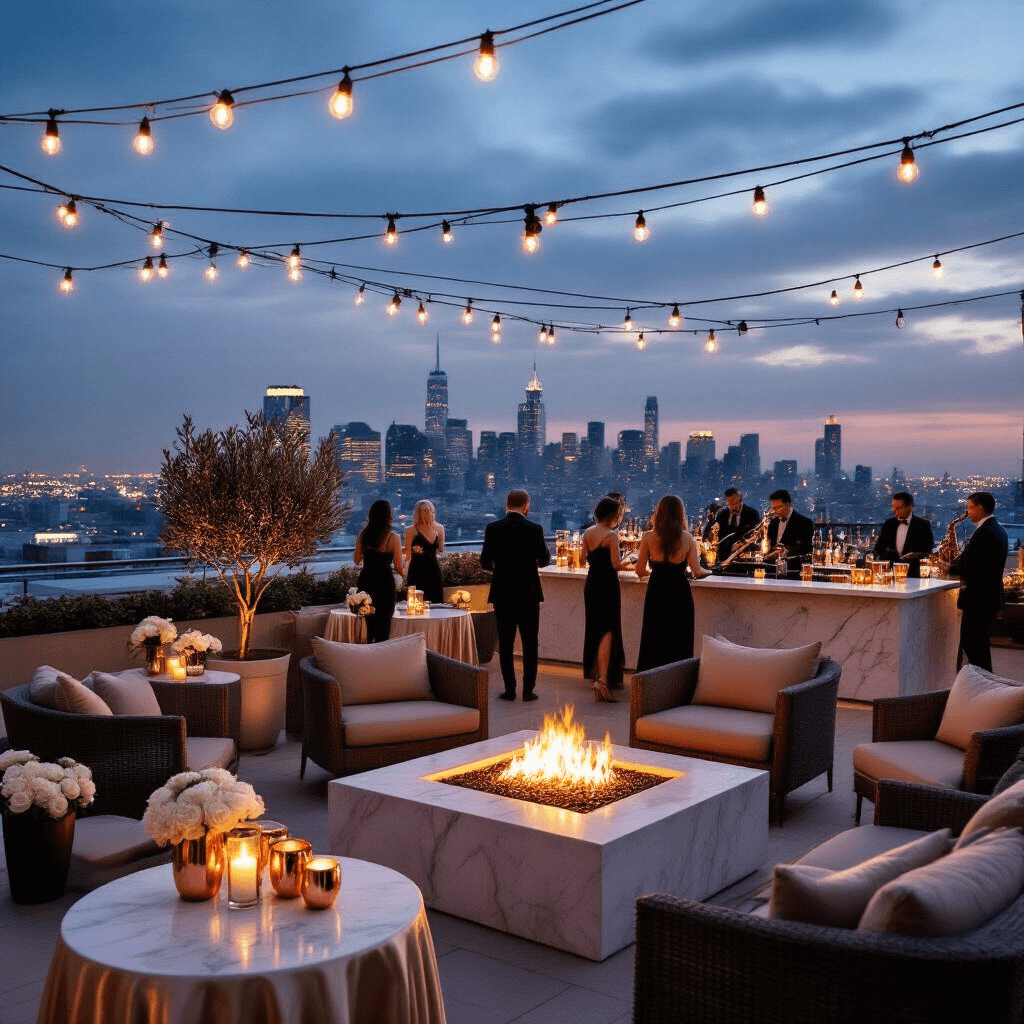 An elegant rooftop terrace birthday soirée at twilight with sleek lounge furniture around a fire pit, city skyline in the background, cocktail tables with champagne linens and floating candles, a marble bar with copper mug drinks, string lights overhead, potted olive trees and white roses, and guests in cocktail attire mingling while a jazz trio performs.