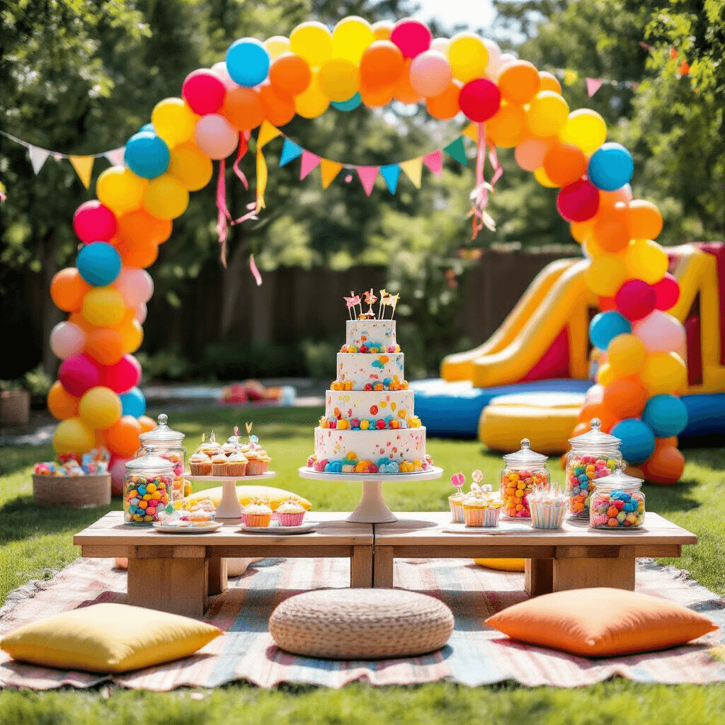 A vivid backyard birthday party scene featuring a colorful dessert table with a tiered cake, themed cupcakes, and candy jars, set against a bold balloon arch. Cozy seating with low tables and floor cushions welcomes young guests, while lawn games and a bounce house can be seen in the background, enhanced by streamers and pinwheels.