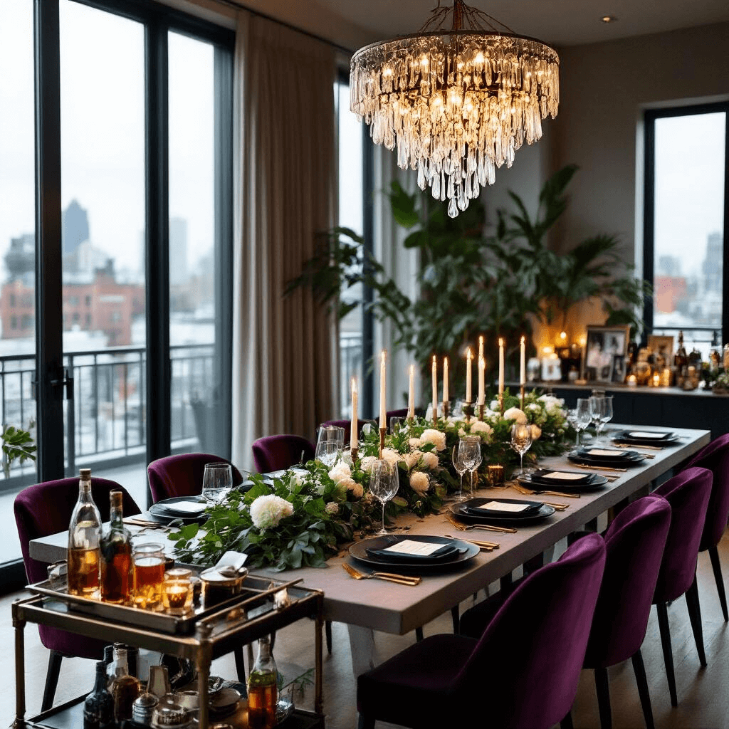 An elegant indoor dinner party scene featuring a long table set for 12 in a modern apartment, adorned with lush greenery, white flowers, matte black plates, and gold cutlery, illuminated by moody candlelight and a stunning chandelier, with velvet dining chairs in deep jewel tones and a bar cart displaying craft cocktail ingredients. Personal photos and mementos enhance the decor.