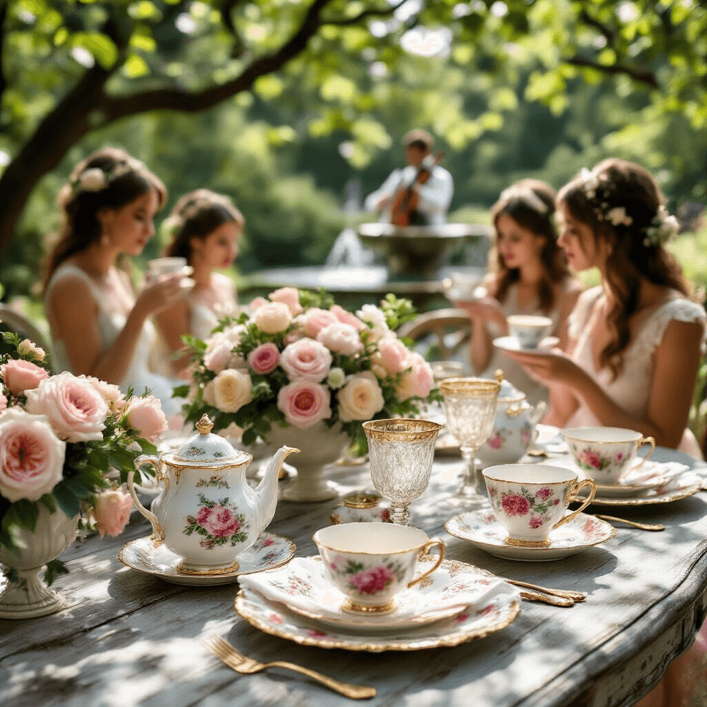A flat lay of an ornate tea party setting on a weathered wooden table, featuring vintage floral china, gold-rimmed glassware, embroidered napkins, fresh garden roses, and delicate macarons, with dappled sunlight filtering through trees, while guests in sundresses enjoy tea and a string quartet plays nearby a fountain.