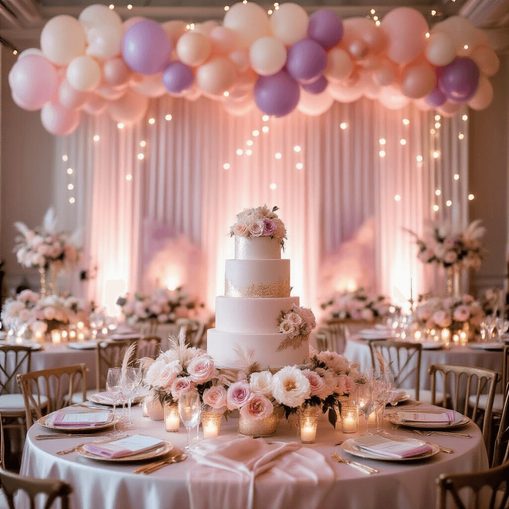 A dreamy birthday party scene in a softly lit indoor ballroom, decorated with pastel balloon garlands, silk-draped tables featuring peony centerpieces and gold feathers, a grand iridescent cake, twinkling fairy lights, and personalized lyrical banners.