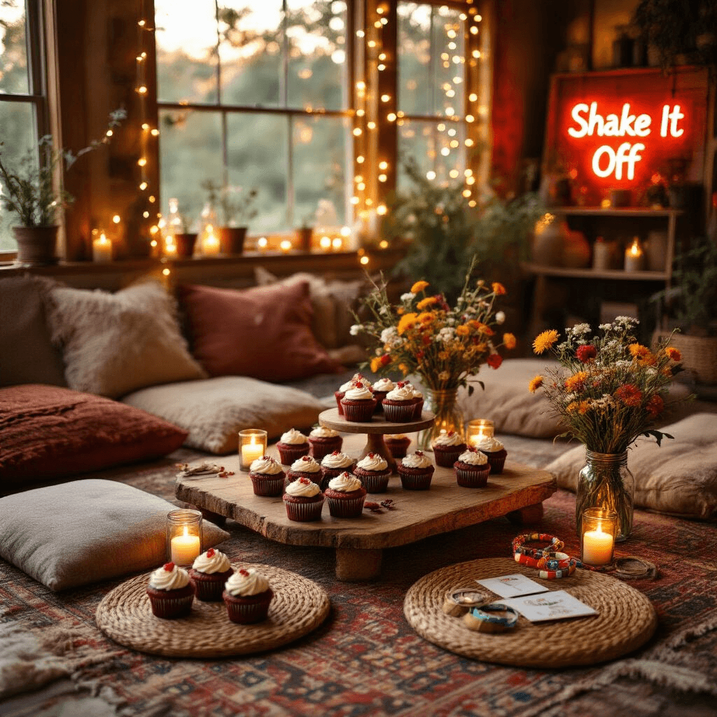 An overhead view of a cozy living room set for an intimate folklore-inspired celebration, featuring a low table surrounded by earthy-toned floor cushions. Rustic wooden cake stands display Red Velvet cupcakes, while candlelit mason jars with wildflowers add warmth. A Polaroid photo station in the corner showcases a backdrop of fairy lights and a 'Shake It Off' neon sign, alongside supplies for friendship bracelet making organized on woven placemats.