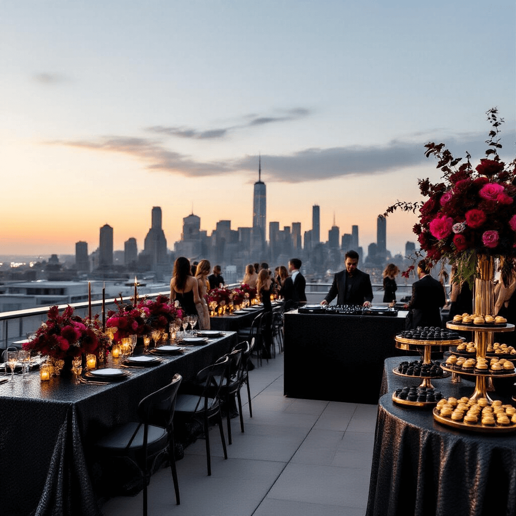 A chic rooftop terrace party at dusk, featuring sleek black and metallic decor, long tables with shimmering charcoal linens, dramatic burgundy and gold floral arrangements, a faux snakeskin DJ booth, high-top tables with snake motif candle holders, and a dessert cart with black macarons and gold-dusted cake pops against a city skyline.