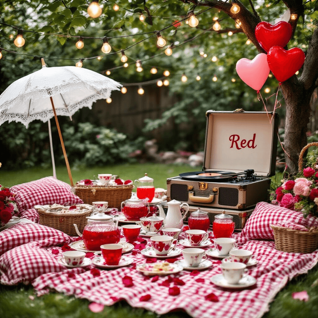 A charming picnic setup featuring red gingham blankets, white lace parasols, and a vintage record player surrounded by rose petals. String lights illuminate mismatched teacups filled with ruby-red punch, while a 'Red' lyric photo booth with heart-shaped balloons and handmade friendship bracelets hanging from tree branches complete the whimsical backyard celebration.
