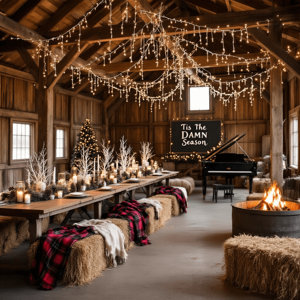 A rustic barn transformed into a winter wonderland party with wooden beams draped in twinkling lights, farmhouse tables featuring nature-inspired centerpieces and candles, a hot cocoa bar with seasonal signage, cozy hay bale seating with plaid blankets, and a grand piano decorated with fairy lights.