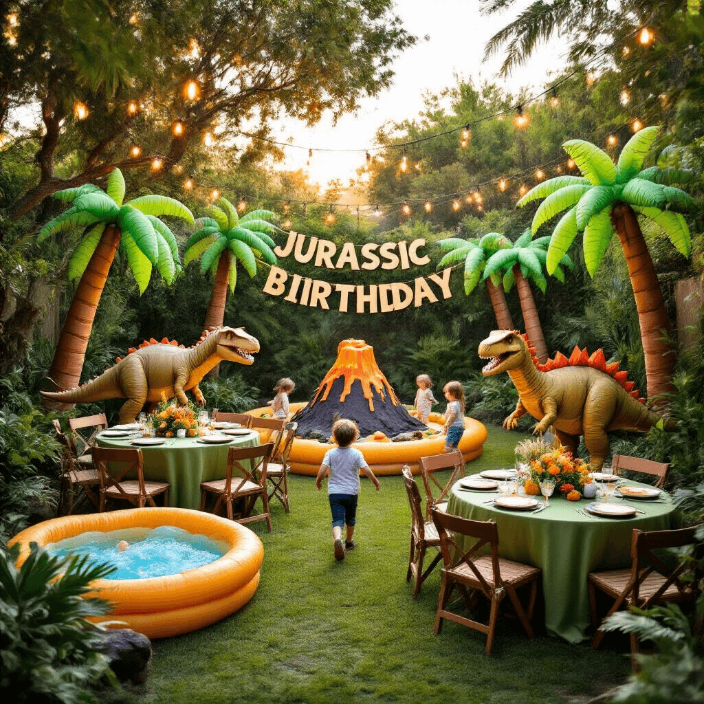 A colorful backyard dinosaur-themed birthday party at sunset, featuring oversized cardboard dinosaurs, tropical plants, and a volcano cake centerpiece. Children play in inflatable palm trees and a kiddie pool, with round tables draped in green linens and prehistoric centerpieces. Fairy lights illuminate the scene, complemented by a hand-painted 'Jurassic Birthday' banner.