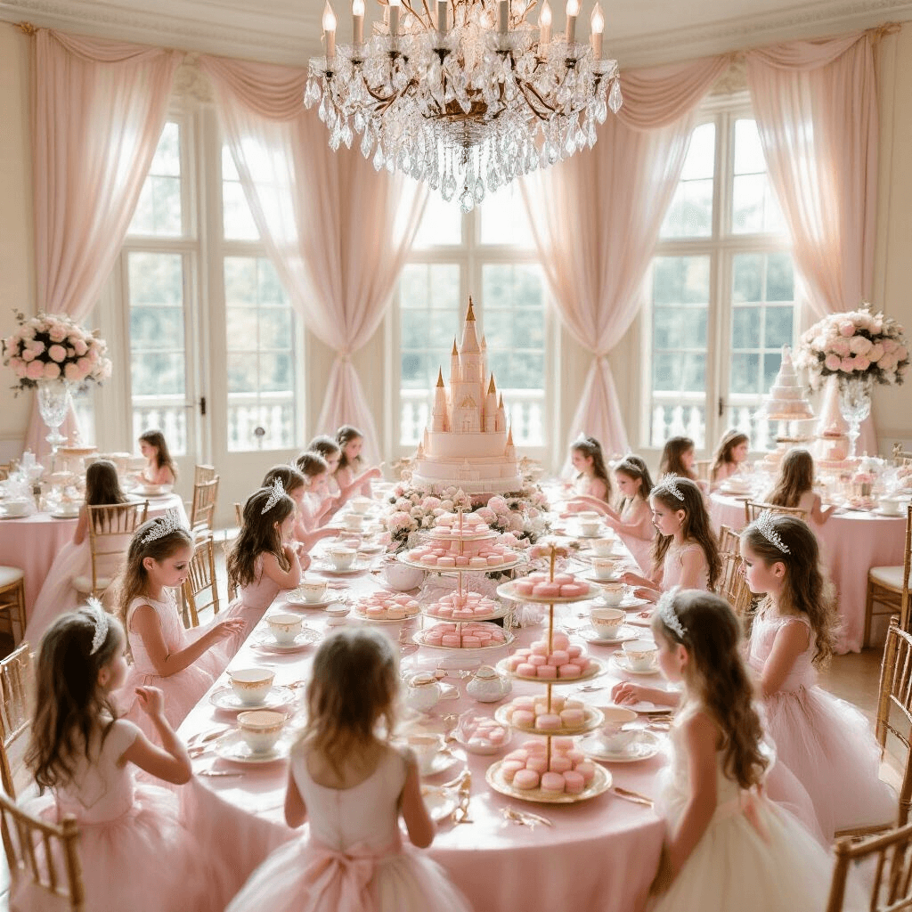 An elegant indoor ballroom tea party featuring long tables with blush pink silk tablecloths, gold-rimmed teacups, and tiered stands of pastel macarons. Delicate flower arrangements in crystal vases, tulle draperies, and young guests in tiaras and gowns dancing beneath a crystal chandelier, alongside a dessert cart with a towering castle cake. The color scheme is a dreamy blend of blush, ivory, and gold.