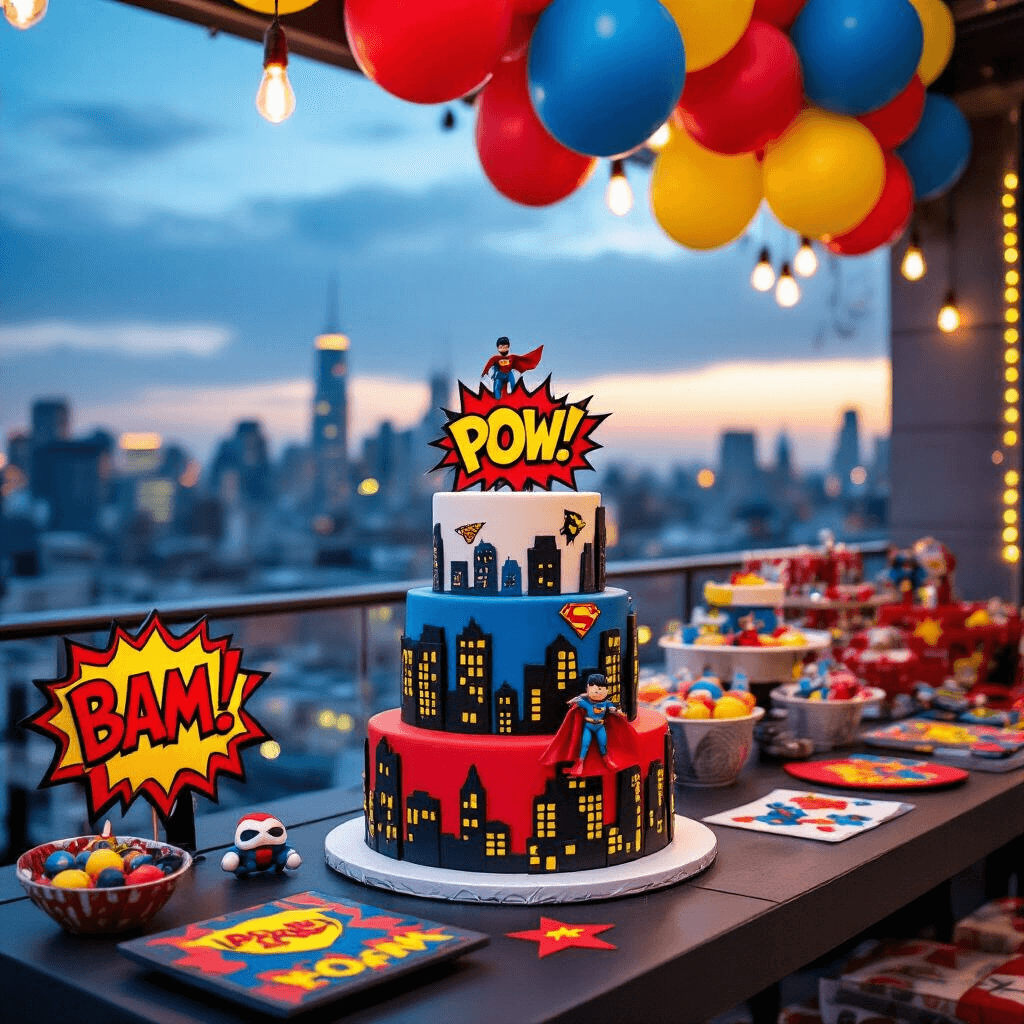 A vibrant superhero-themed dessert table on a modern rooftop terrace at dusk, featuring a multi-tiered cake with fondant cityscapes, comic book-style decorations, colorful balloons, and activity stations for kids.
