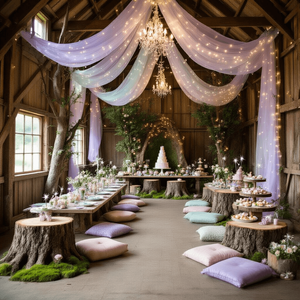 An enchanting woodland fairy party in a rustic barn, featuring DIY tree stumps and moss decor, low tables with floor cushions set for a magical feast, flower crowns and sparkly wands at each setting, a dessert table with a 'fairy garden' cake, and sheer iridescent fabric draping from the ceiling in soft lavender, mint green, and shimmering silver tones.