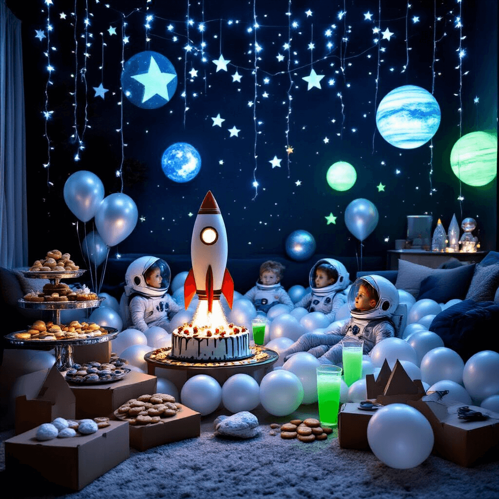 A cozy living room transformed into a space-themed adventure party, featuring twinkling star lights, glow-in-the-dark planet decorations, and a snack station with astronomical treats. Kids float among silver and white balloons, with a centerpiece rocket ship cake surrounded by 'moon rock' cookies and 'alien slime' punch, all under a deep navy and silver color palette with neon green accents.