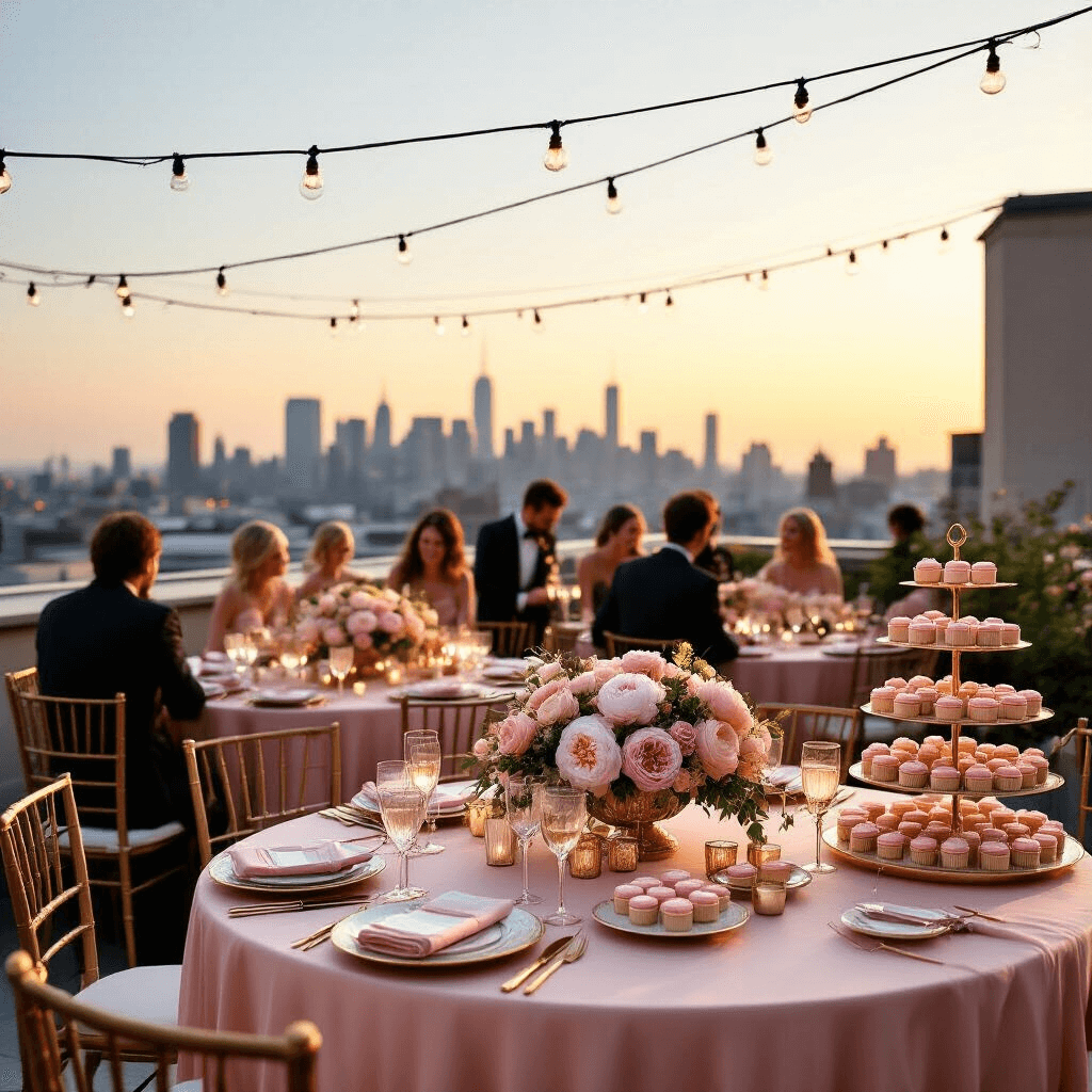 A beautifully decorated rooftop terrace at sunset, featuring round tables with blush pink silk linens, floral centerpieces, gold rimmed glassware, and a dessert cart with macarons and cupcakes, while guests enjoy champagne and a string quartet plays in the background, with a city skyline silhouetted against the evening sky.