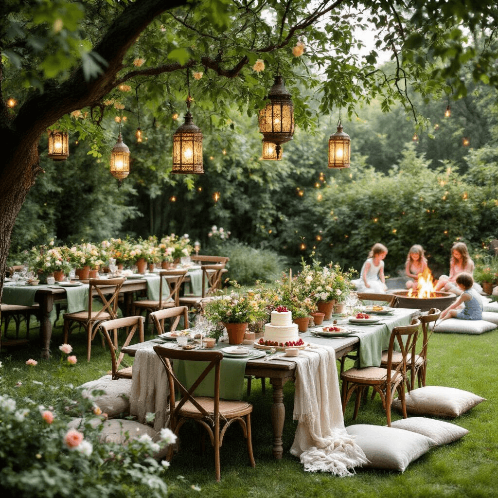 An enchanting backyard garden party scene featuring mismatched vintage tables with sage green runners, terracotta pots filled with wildflowers, and wooden chairs draped in cream throws. Lanterns hang from tree branches, a rustic dessert table showcases a naked cake with figs and berries, while guests relax on floor cushions near a fire pit, and children chase fireflies in the warm, ambient light.